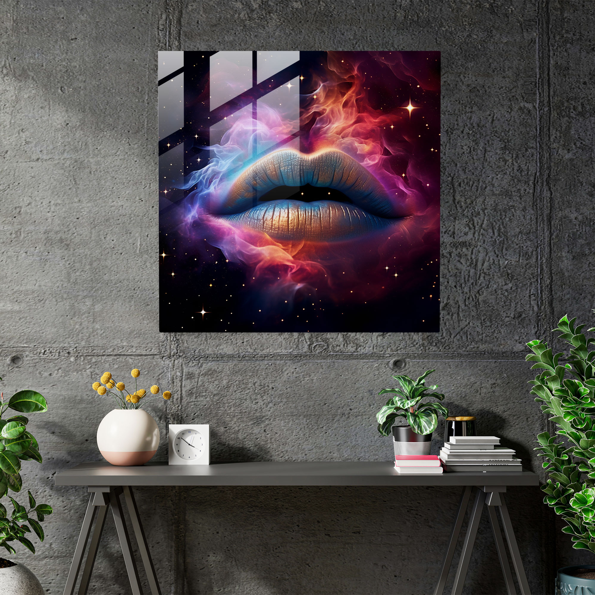Cosmic Kiss Glass Print - Kiss, Kiss, Digital Artwork, Home Decoration