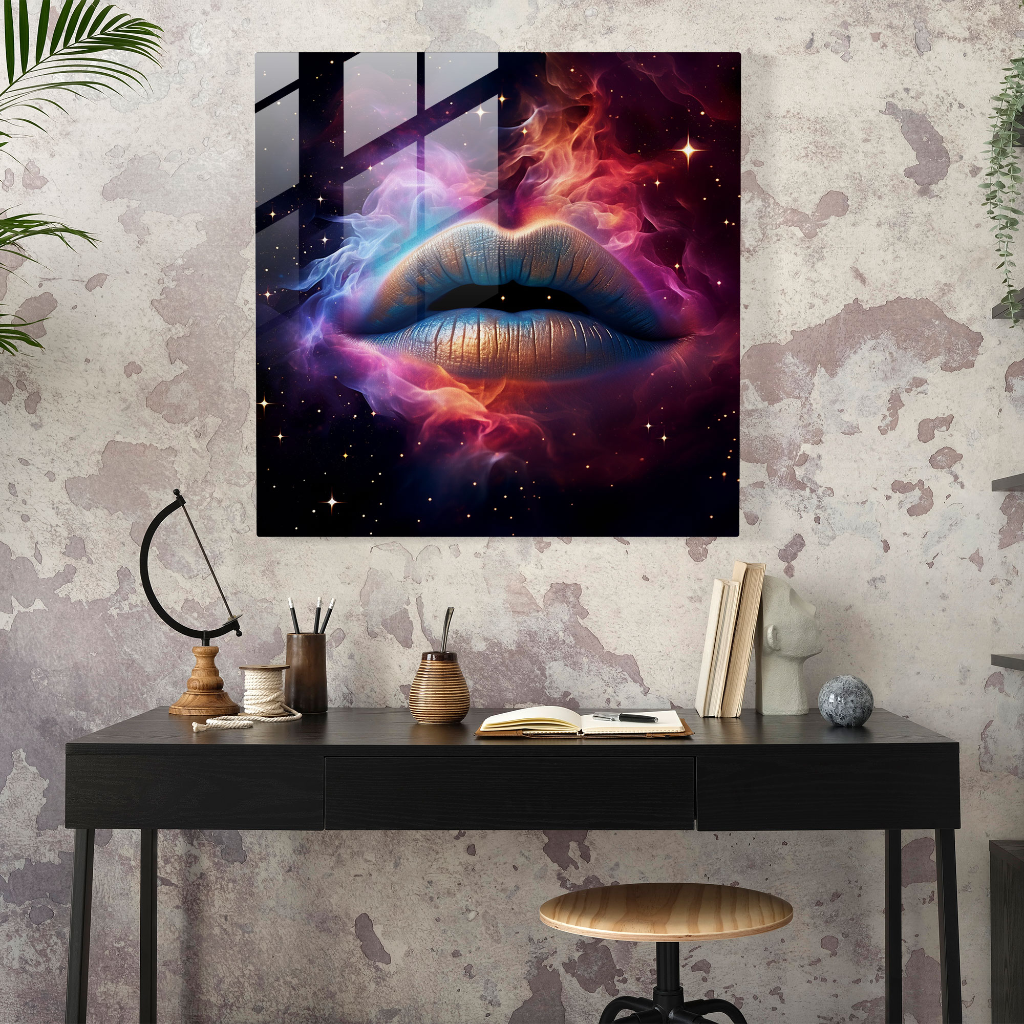 Cosmic Kiss Glass Print - Kiss, Kiss, Digital Artwork, Home Decoration