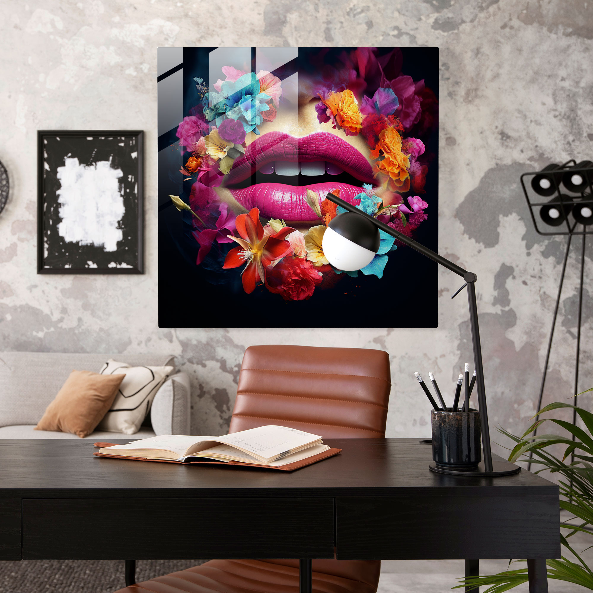 Floral Kiss Glass Print - Kiss, Modern Art, Home Decoration, Flowers