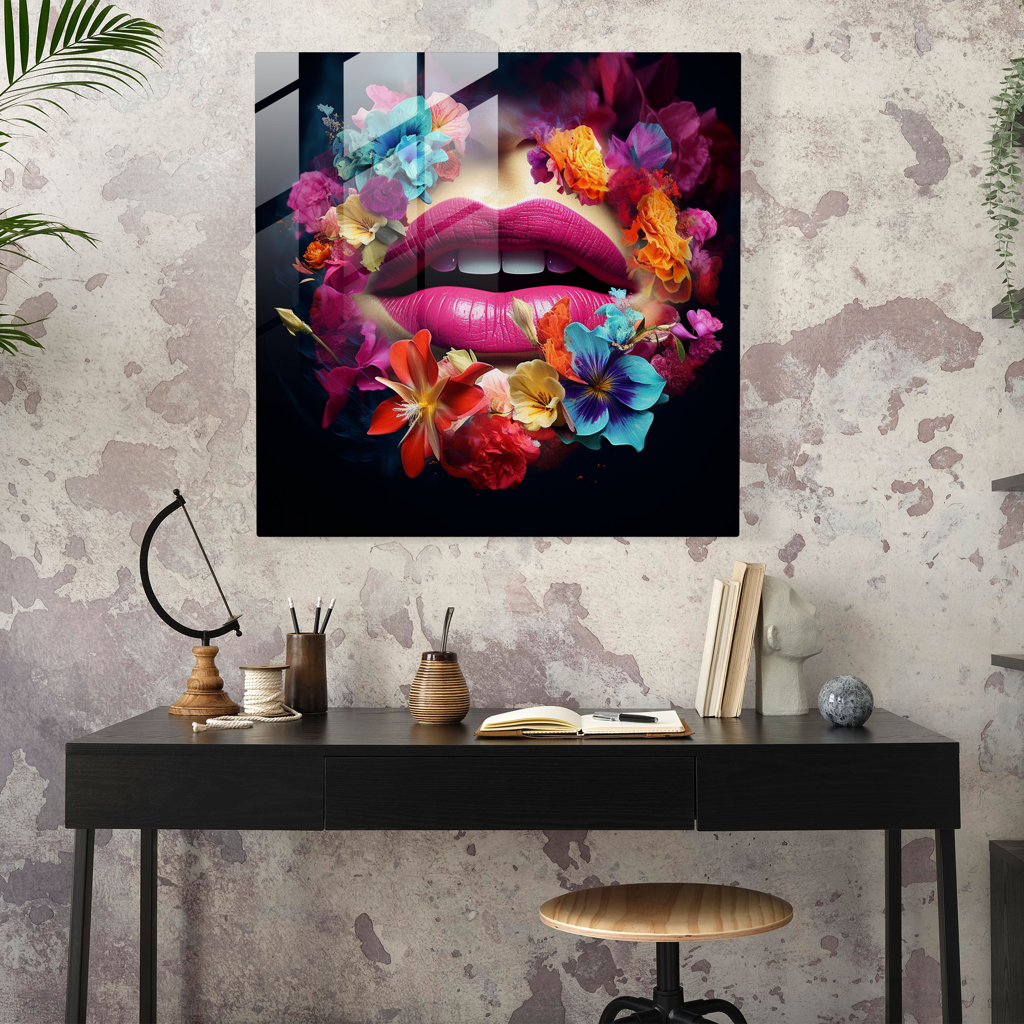 Floral Kiss Glass Print - Kiss, Modern Art, Home Decoration, Flowers
