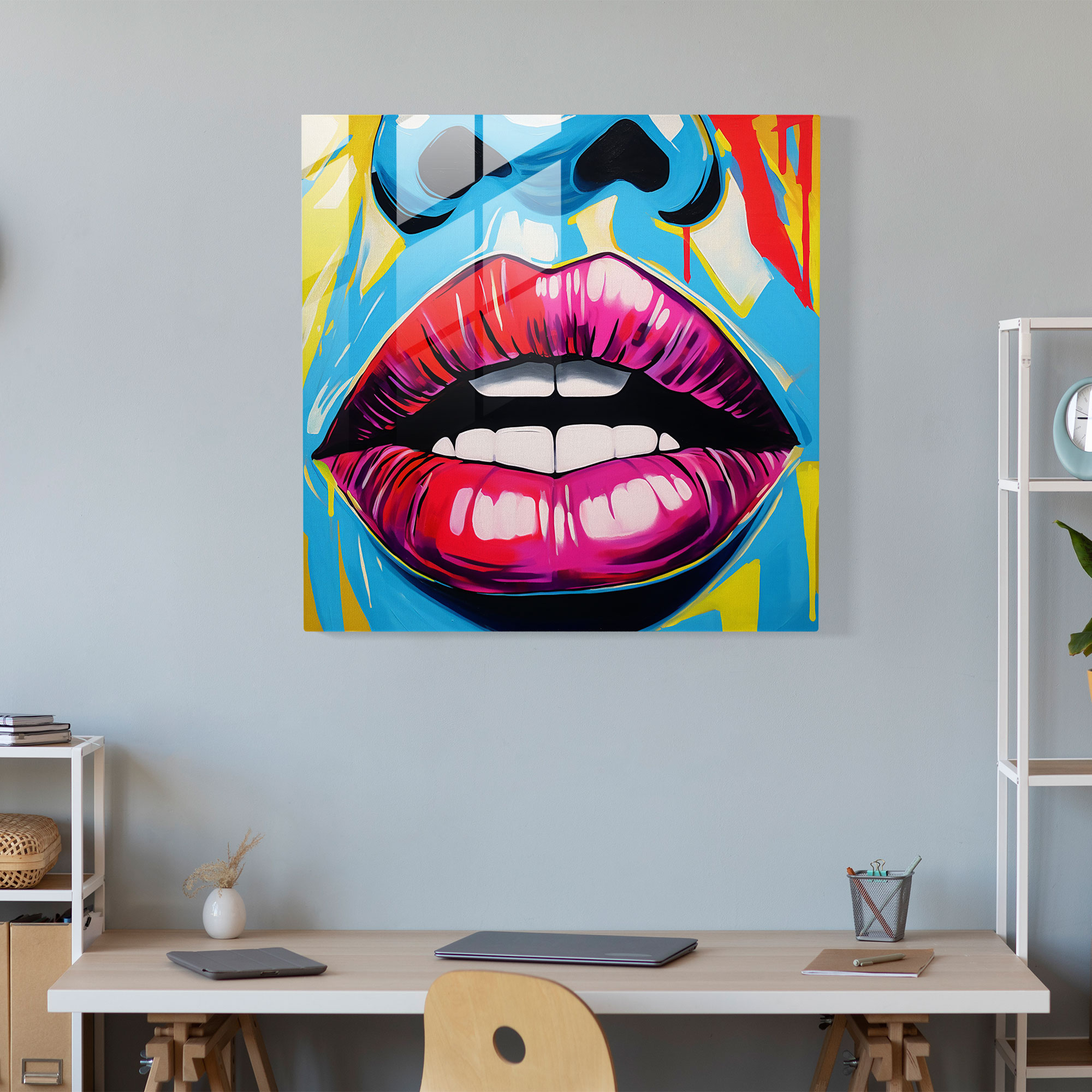Pop Art Kiss Glass Print - Kiss, Contemporary, Modern Art, Home Decoration