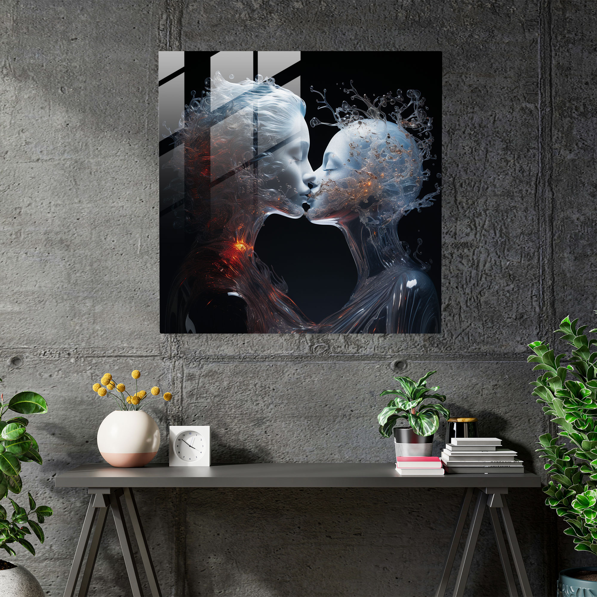 Celestial Kiss Glass Print - Kiss, Dreamlike, Ethereal Figures, Celestial