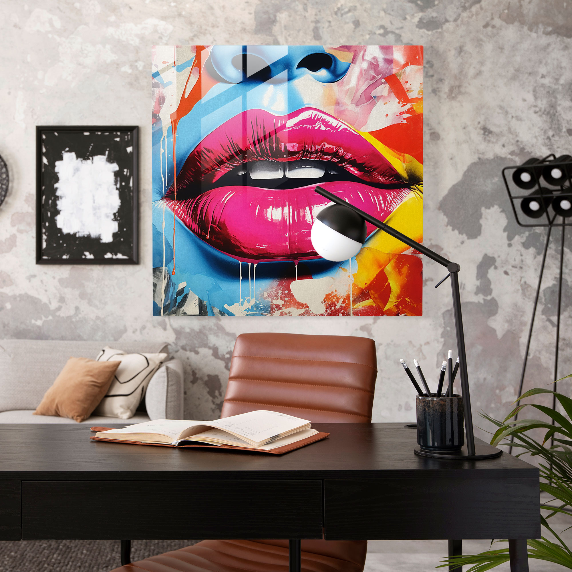 Pop Kiss Glass Print - Kiss, Wall Decoration, Pop Art, Collage