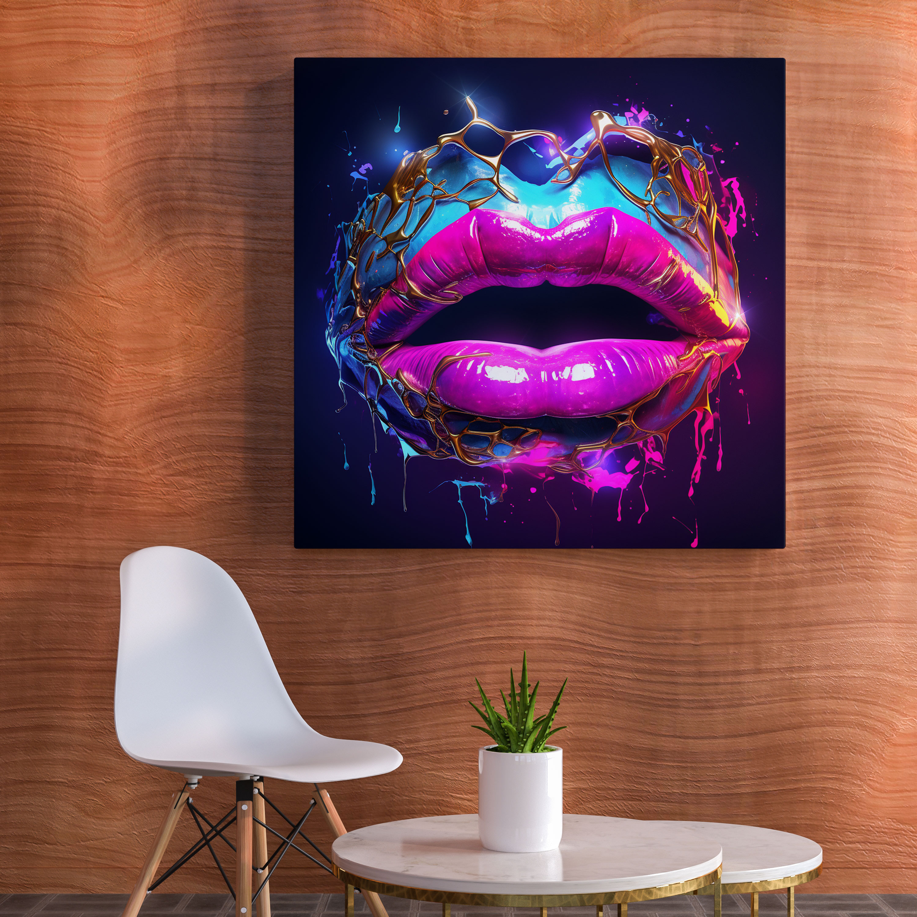 Neon Kiss Wall Decoration - Kiss, Vibrant Wall Art, Digital Art, Neon Canvas Print