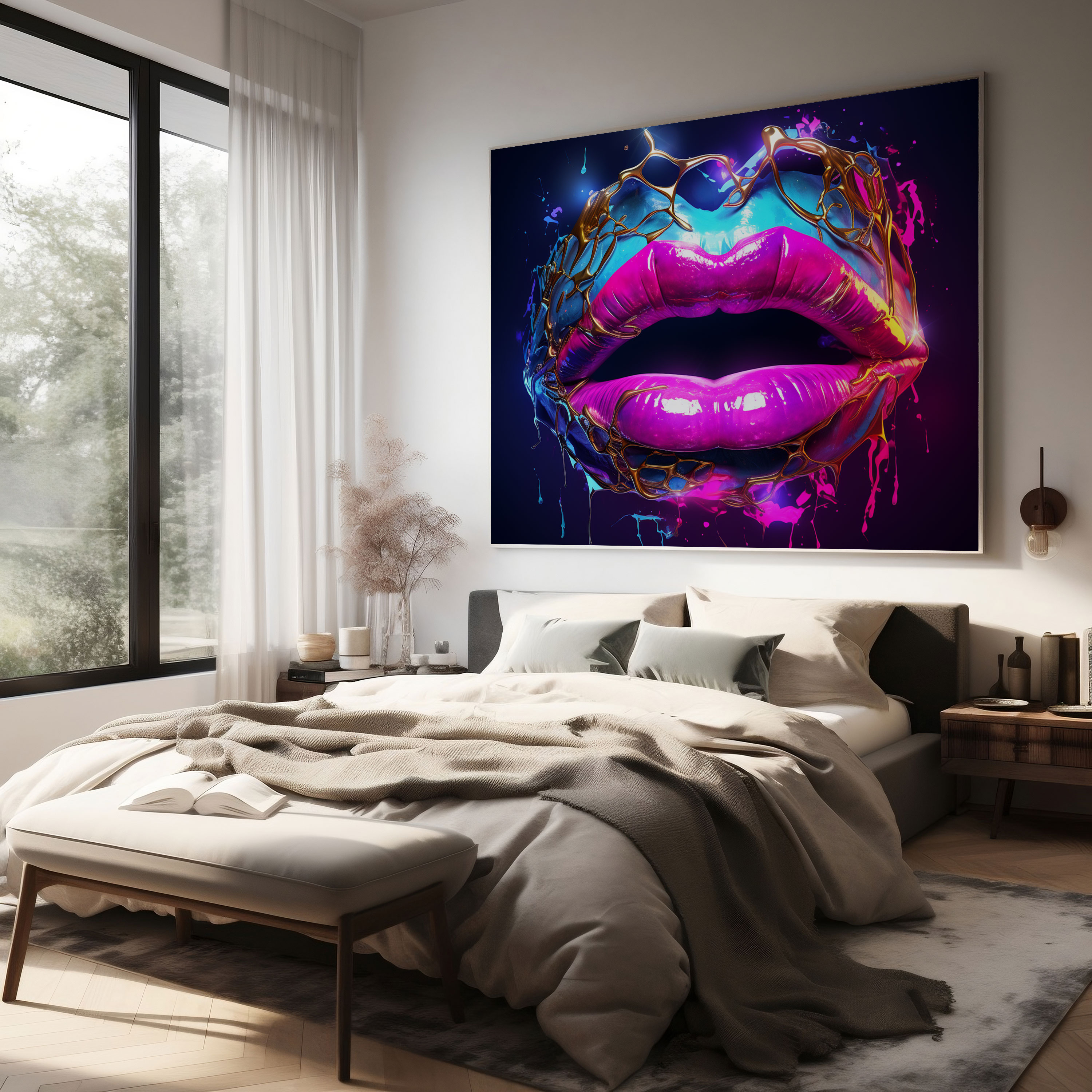 Neon Kiss Wall Decoration - Kiss, Vibrant Wall Art, Digital Art, Neon Canvas Print