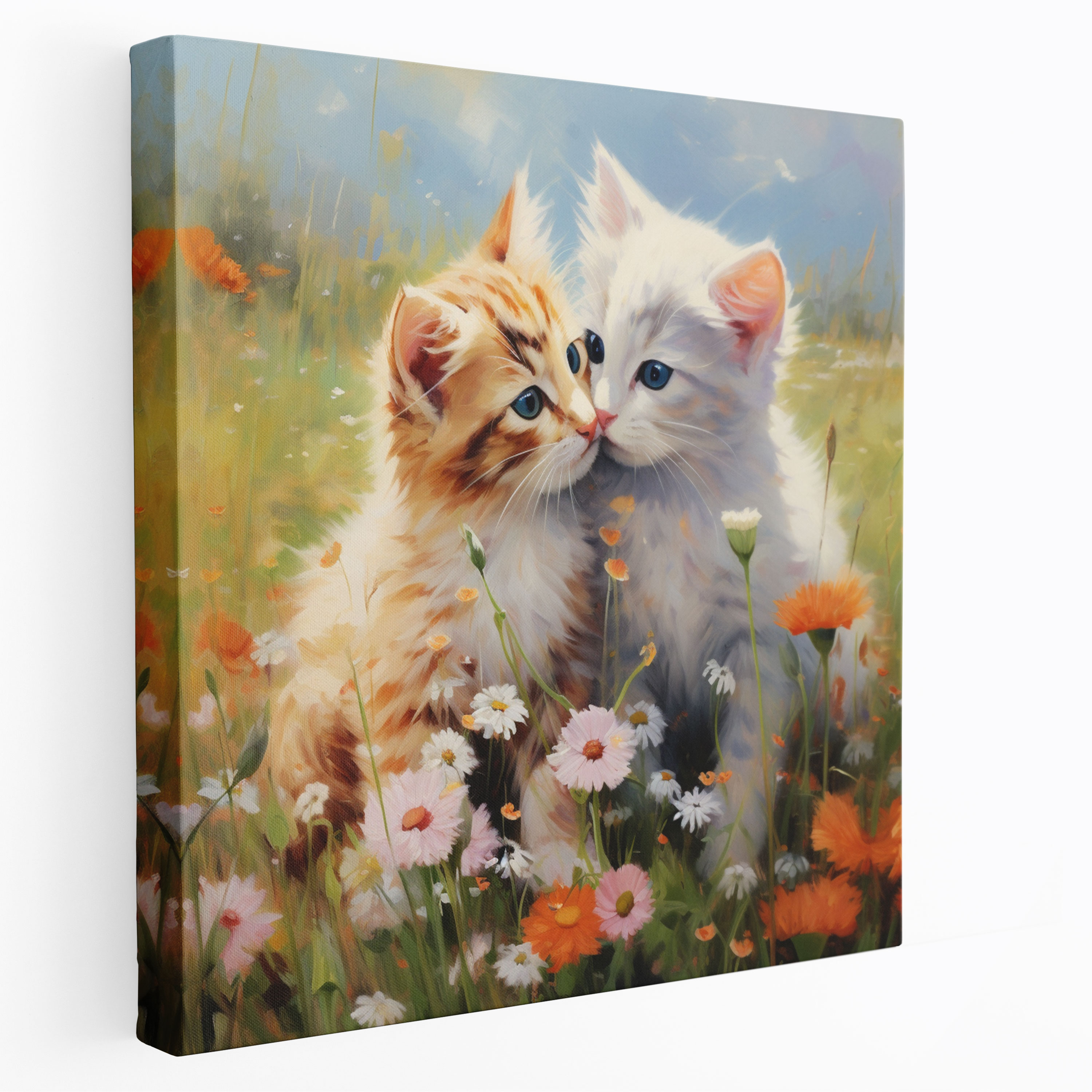 Kiss Canvas Print - Kiss, Vibrant Meadow, Adorable Kittens, Wall Decoration