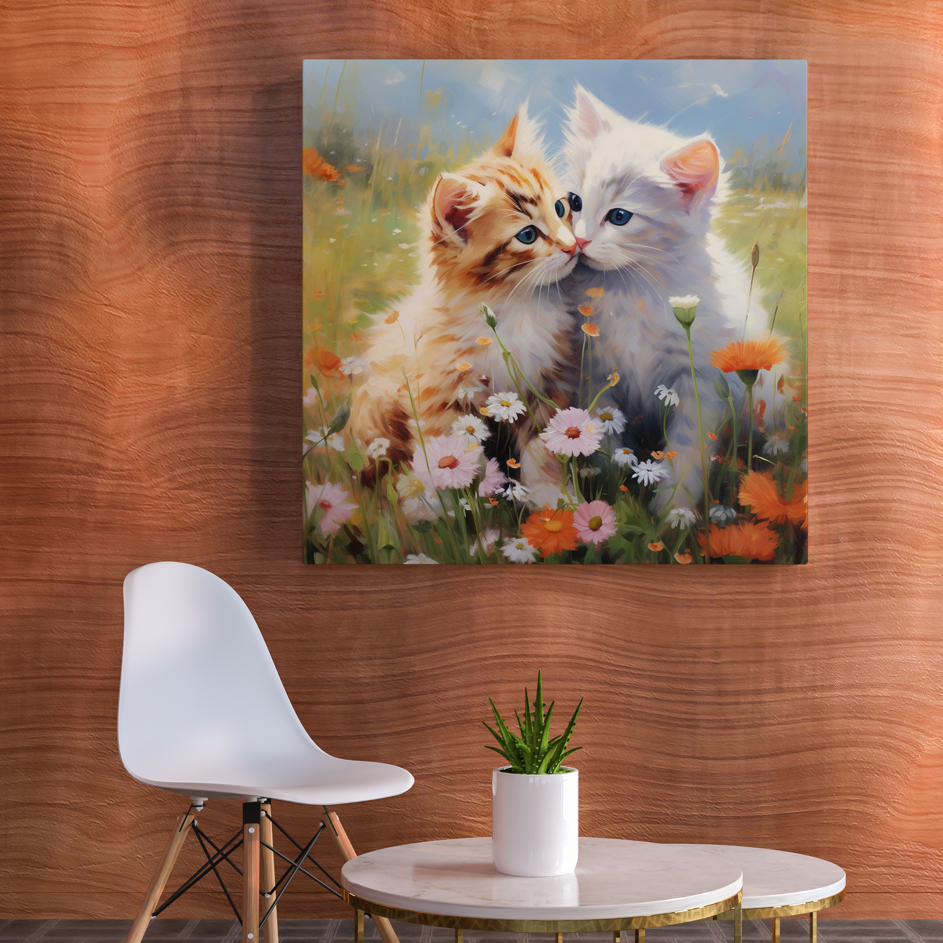 Kiss Canvas Print - Kiss, Vibrant Meadow, Adorable Kittens, Wall Decoration