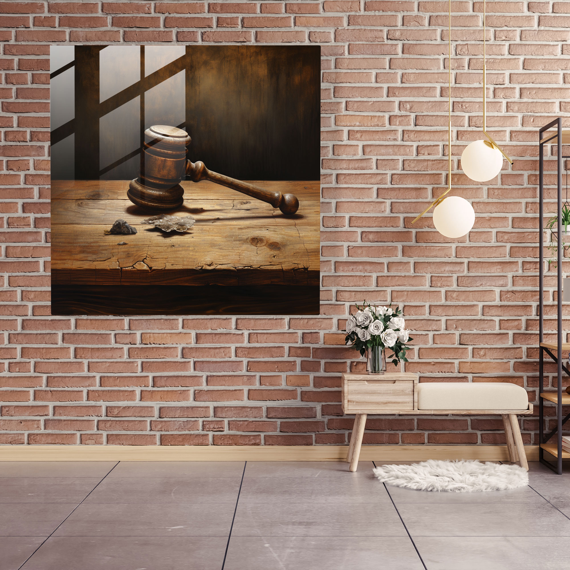 Art Of Judgment Glass Print - Law, Glass Art, Glass Wall Art, Wooden Desk