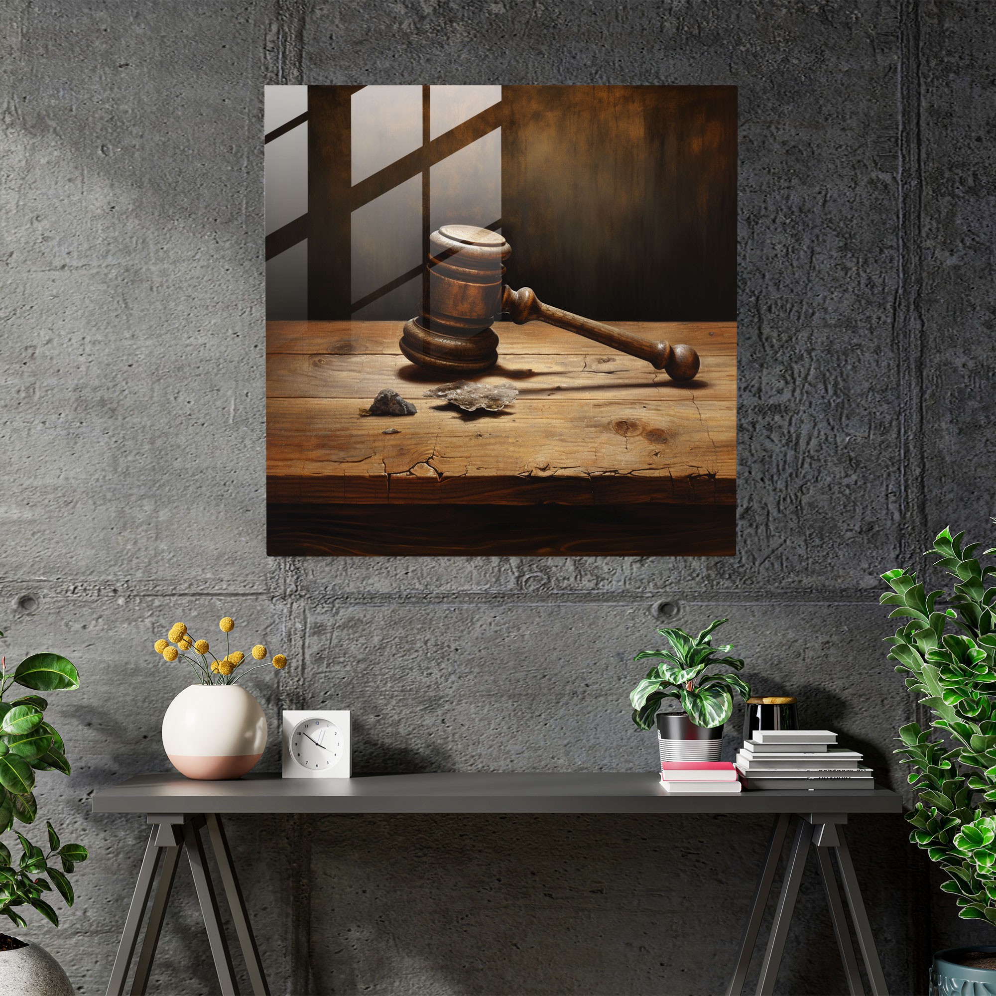 Art Of Judgment Glass Print - Law, Glass Art, Glass Wall Art, Wooden Desk