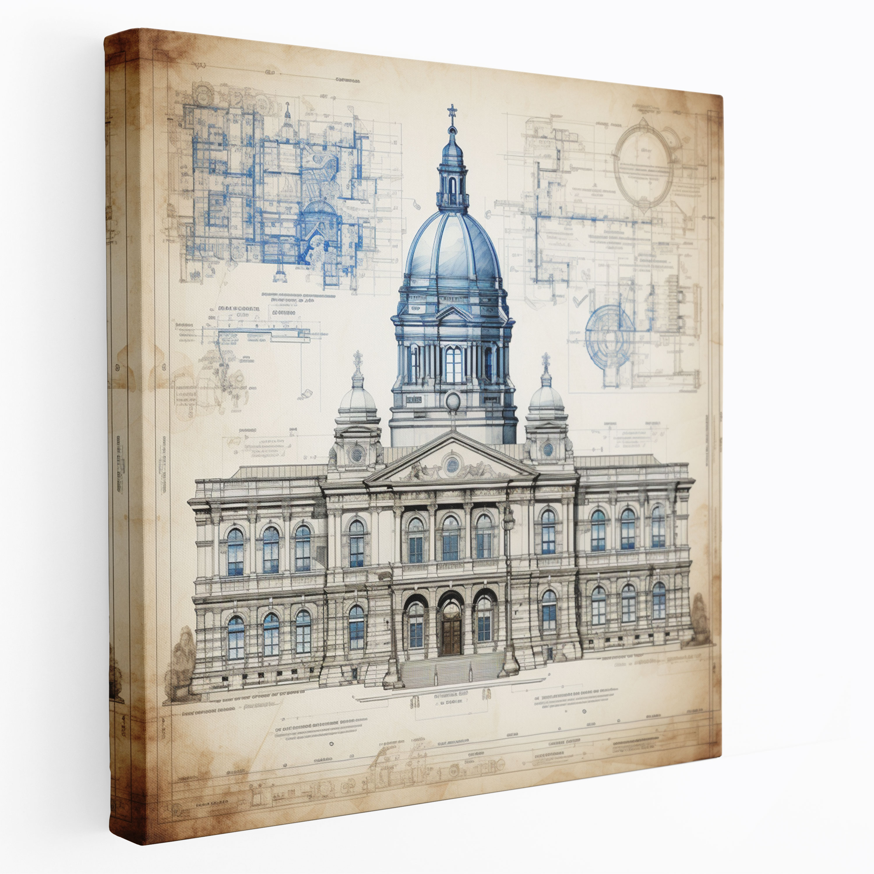 Historic Courthouse Blueprint Canvas Print - Law, Wall Decoration, Canvas Wall Art, Canvas