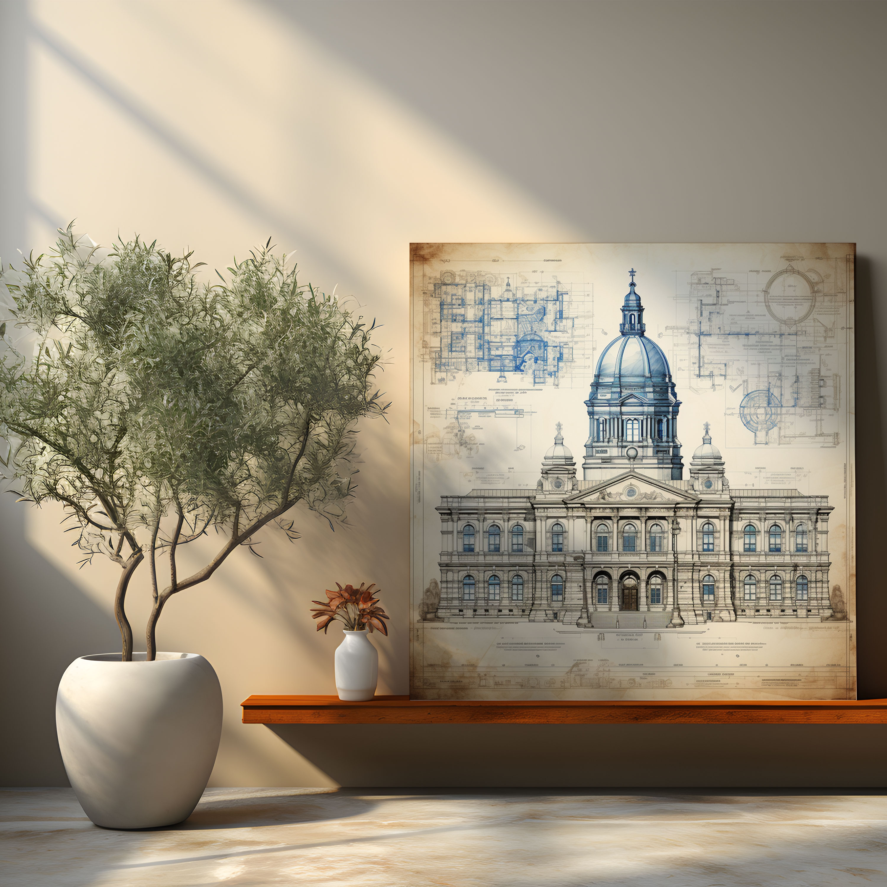 Historic Courthouse Blueprint Canvas Print - Law, Wall Decoration, Canvas Wall Art, Canvas