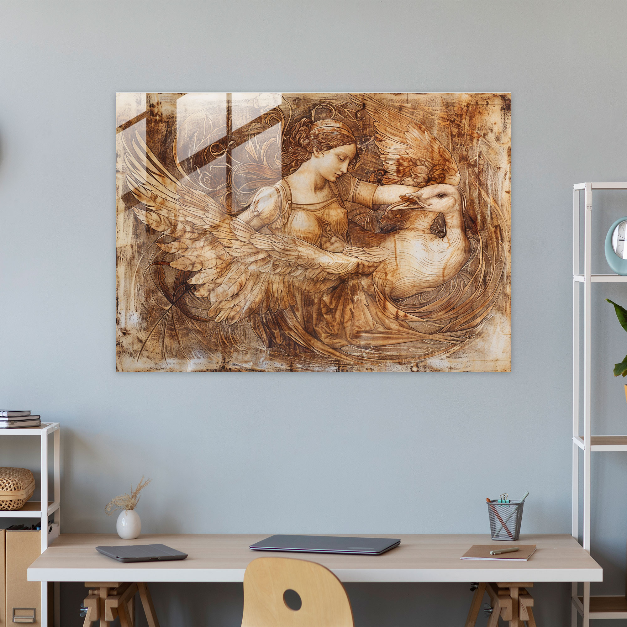 Leonardo Da Vinci Glass Print - Leda And The Swan - Leonardo Da Vinci, Home Decoration, Wall Decoration, Modern Art