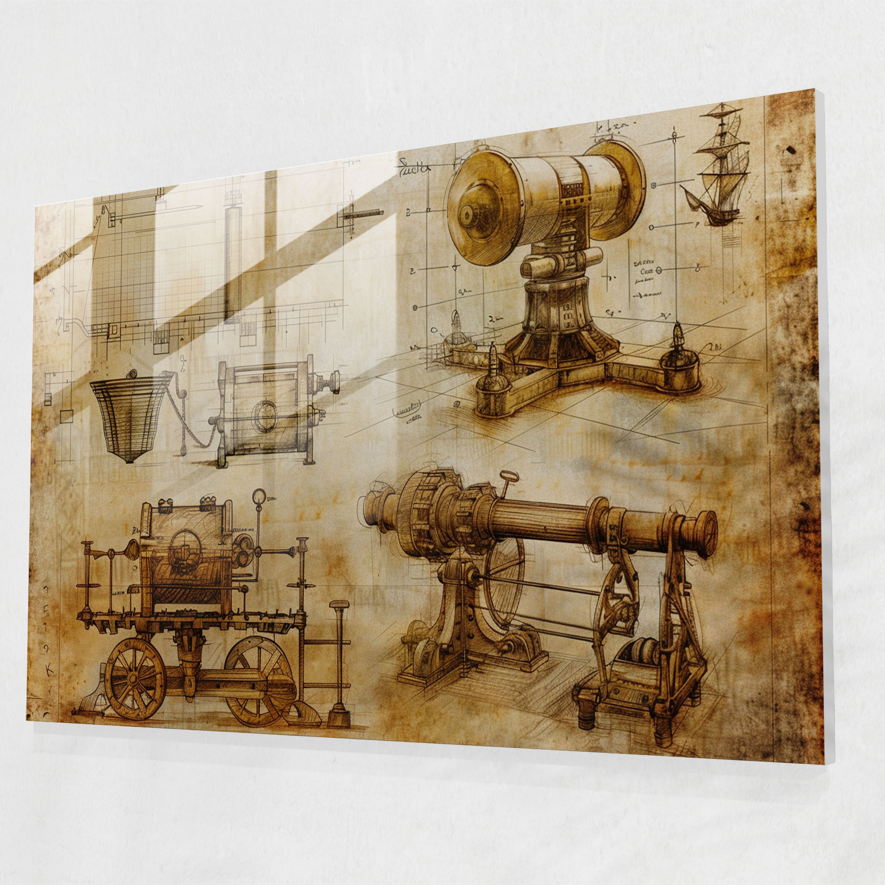 Leonardo Da Vinci Glass Art - Machinery Sketches - Leonardo Da Vinci, Home Decoration, Wall Decoration, Glass Wall Art