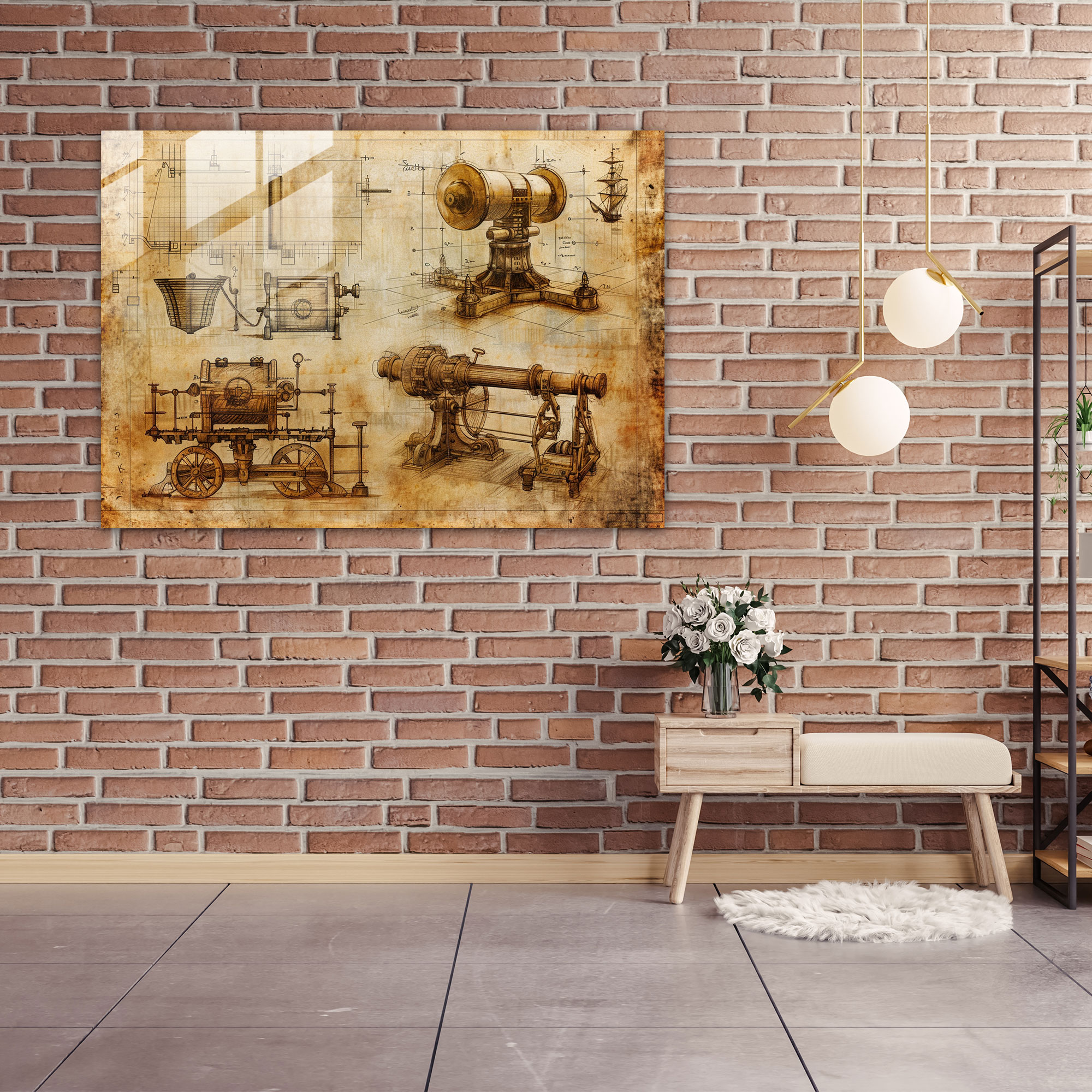 Leonardo Da Vinci Glass Art - Machinery Sketches - Leonardo Da Vinci, Home Decoration, Wall Decoration, Glass Wall Art