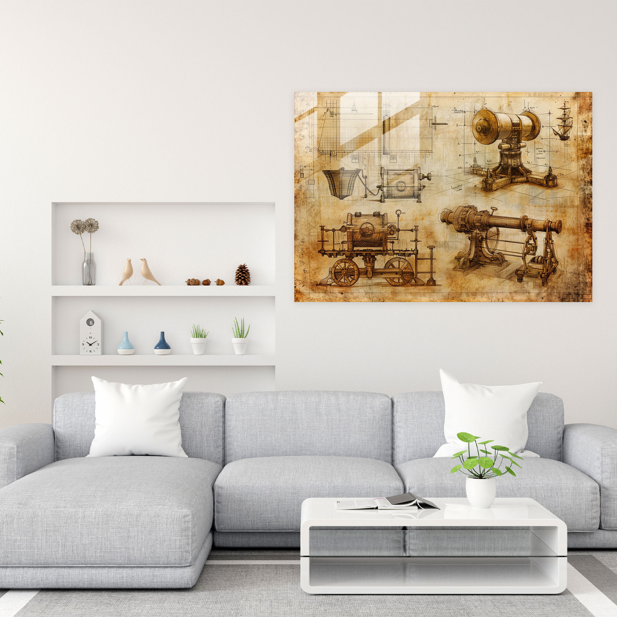 Leonardo Da Vinci Glass Art - Machinery Sketches - Leonardo Da Vinci, Home Decoration, Wall Decoration, Glass Wall Art