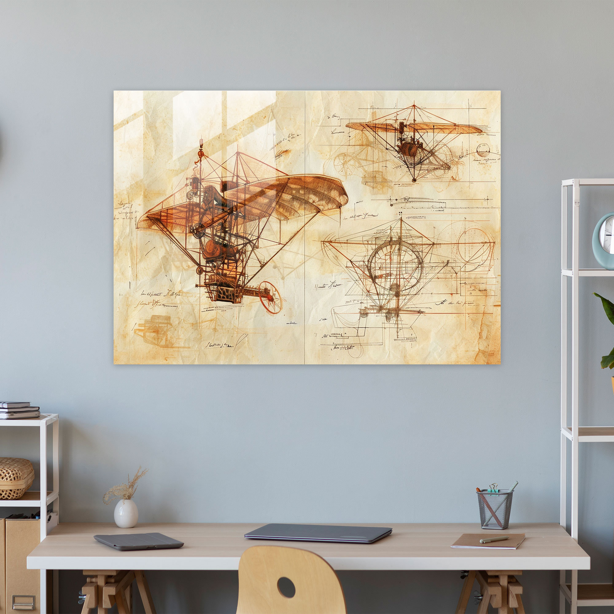 Leonardo Da Vinci Glass Wall Art: Flying Machine Sketches - Leonardo Da Vinci, Modern Art, Leonardo Da Vinci, Glass Wall Art