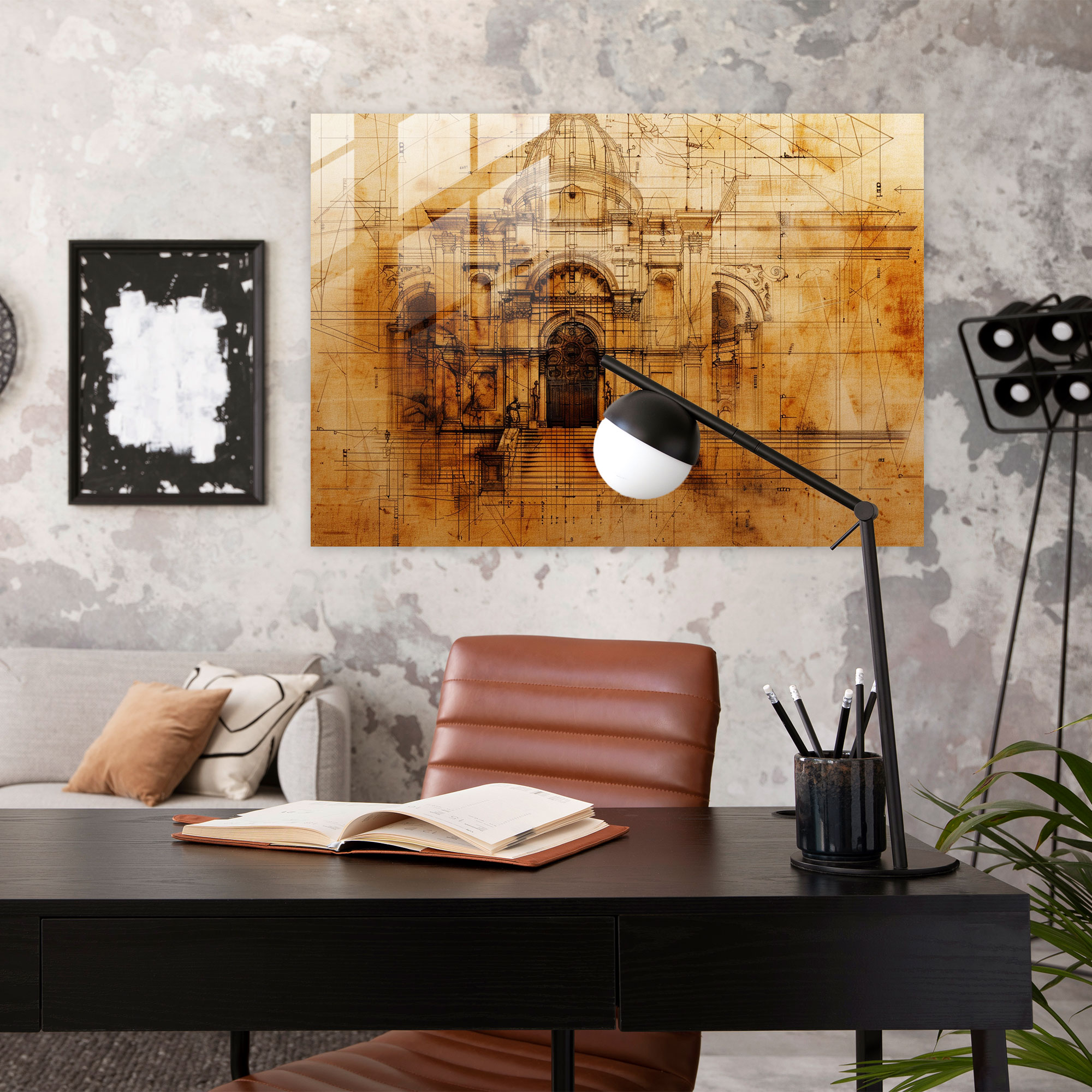 Architectural Blueprint Glass Print - Leonardo Da Vinci, Home Decoration, Modern Art, Glass Art