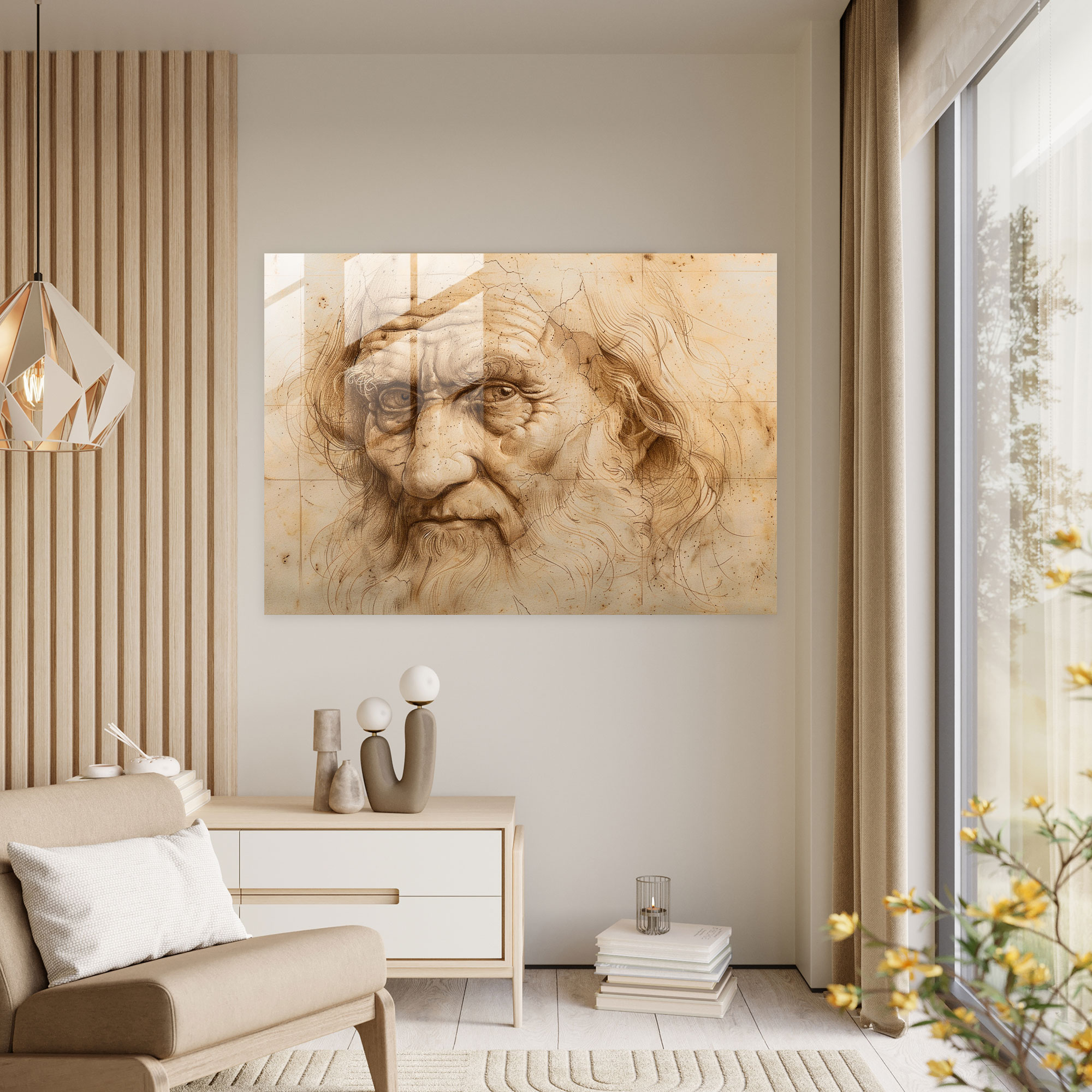 Leonardo Da Vinci Glass Print - Self-Portrait Study - Leonardo Da Vinci, Glass Print, Wall Decoration, Glass Art