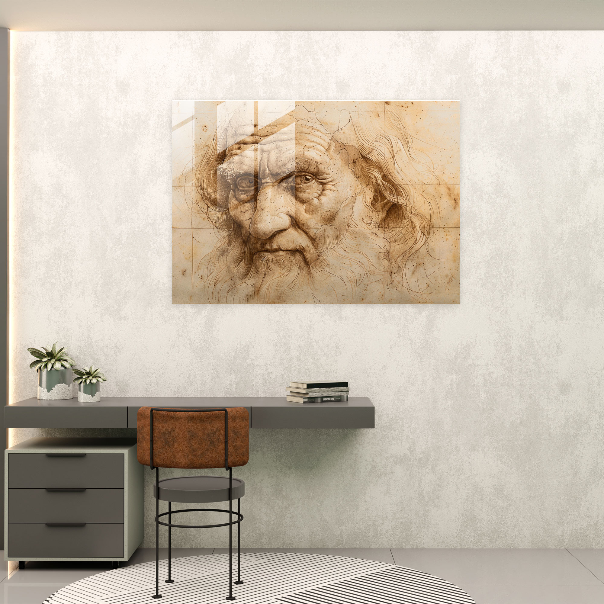 Leonardo Da Vinci Glass Print - Self-Portrait Study - Leonardo Da Vinci, Glass Print, Wall Decoration, Glass Art