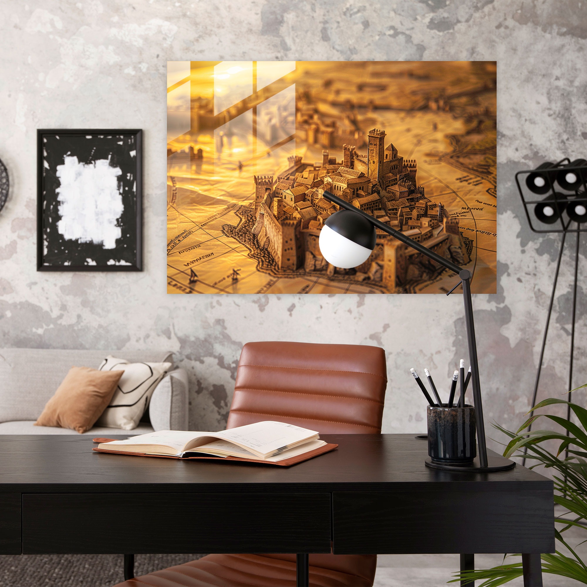 Leonardo Da Vinci Glass Print - City Map At Sunset - Leonardo Da Vinci, Glass Wall Art, Wall Decoration, Renaissance Art