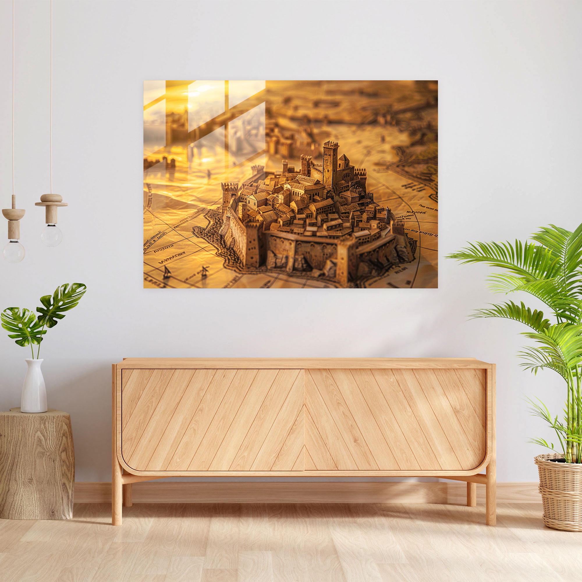 Leonardo Da Vinci Glass Print - City Map At Sunset - Leonardo Da Vinci, Glass Wall Art, Wall Decoration, Renaissance Art