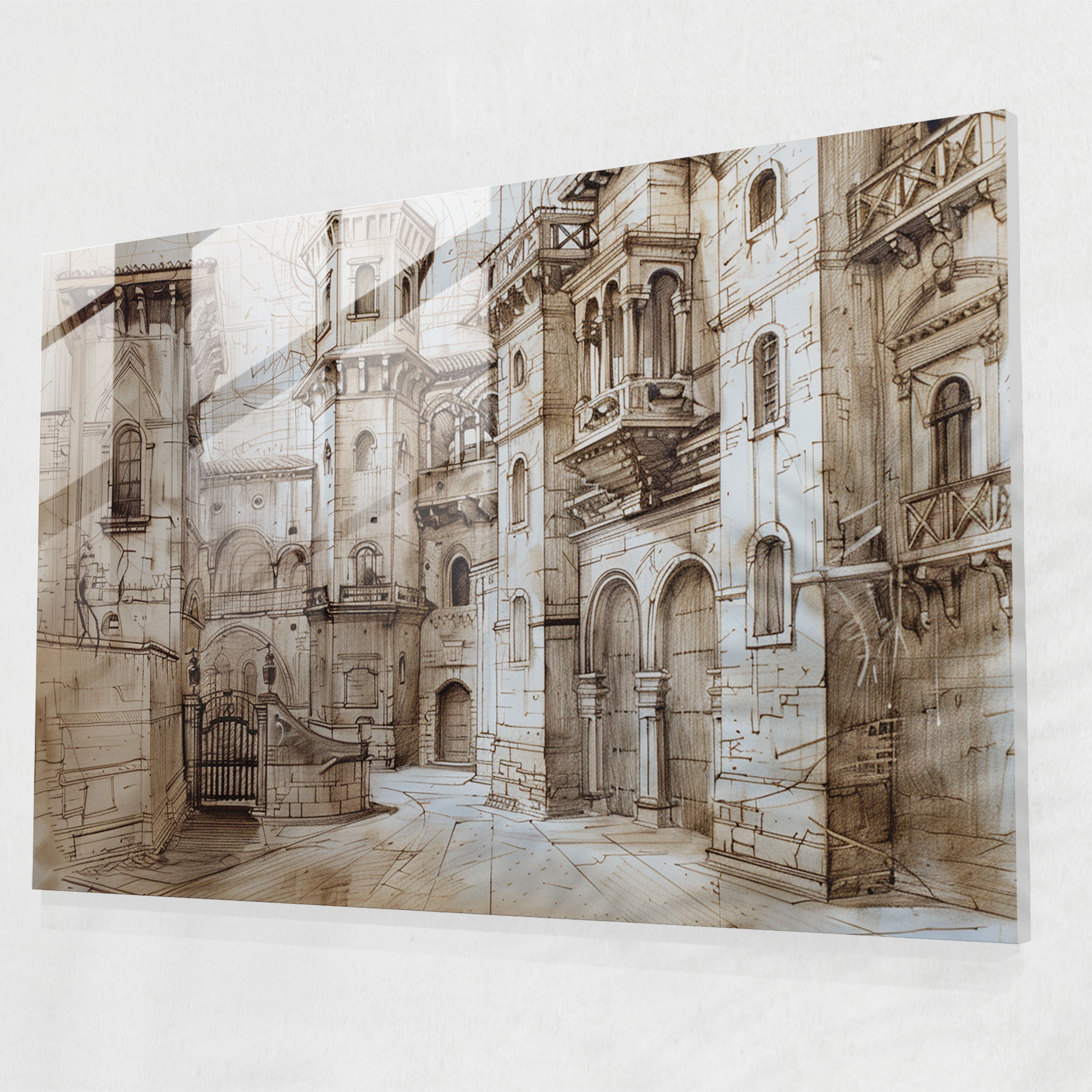 Leonardo Da Vinci Modern Art - Architectural Sketches - Leonardo Da Vinci, Wall Decoration, Leonardo Da Vinci, Glass Print