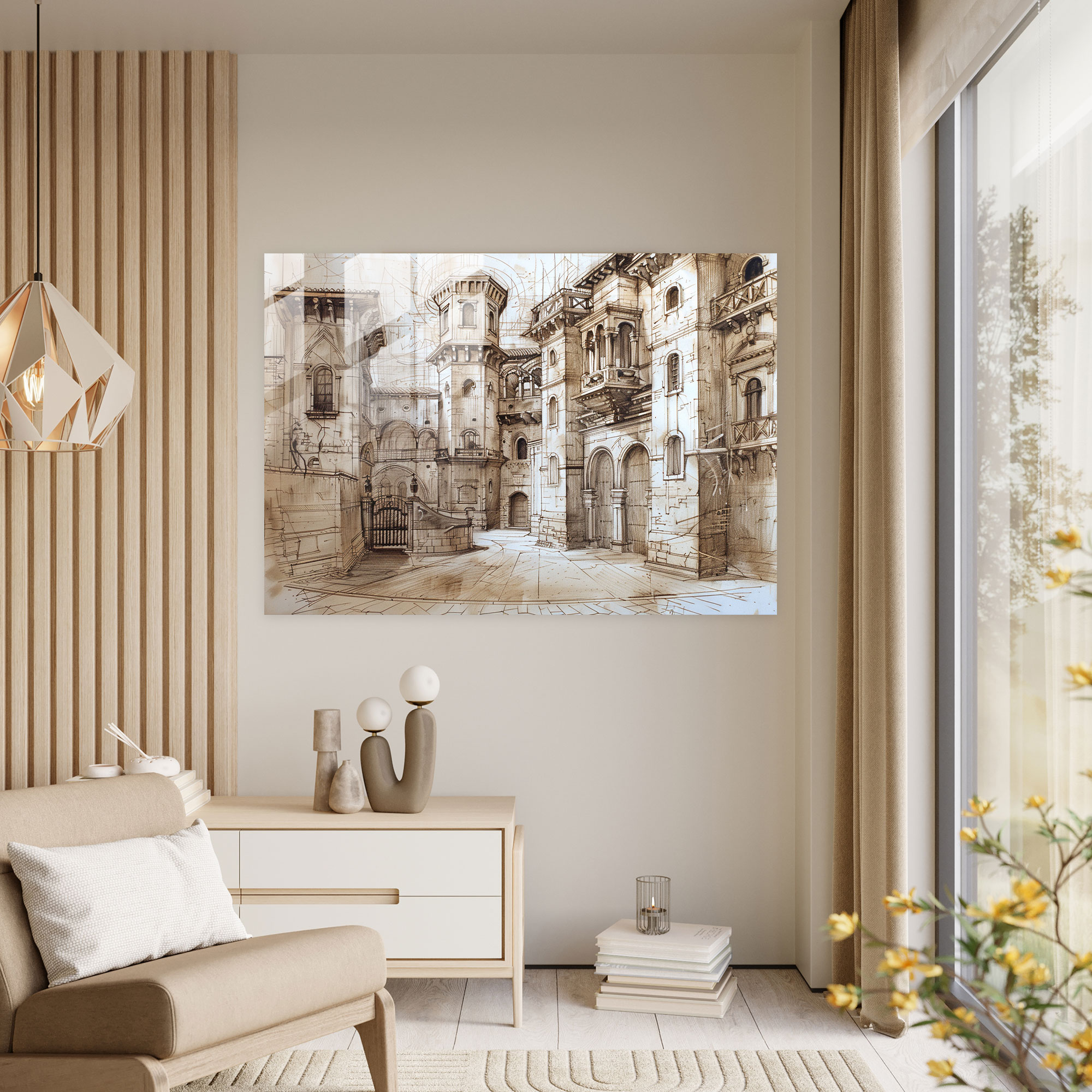 Leonardo Da Vinci Modern Art - Architectural Sketches - Leonardo Da Vinci, Wall Decoration, Leonardo Da Vinci, Glass Print