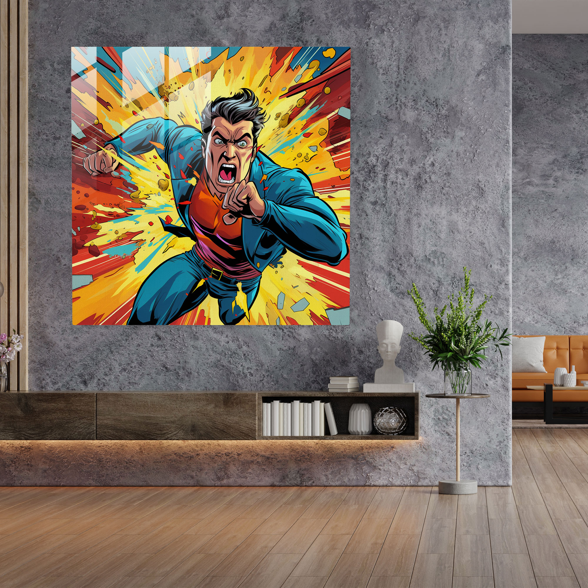 Lenticular Glass Print - Pop Art Superhero - Lenticular, Comic Book Style, Glass Print, Superhero