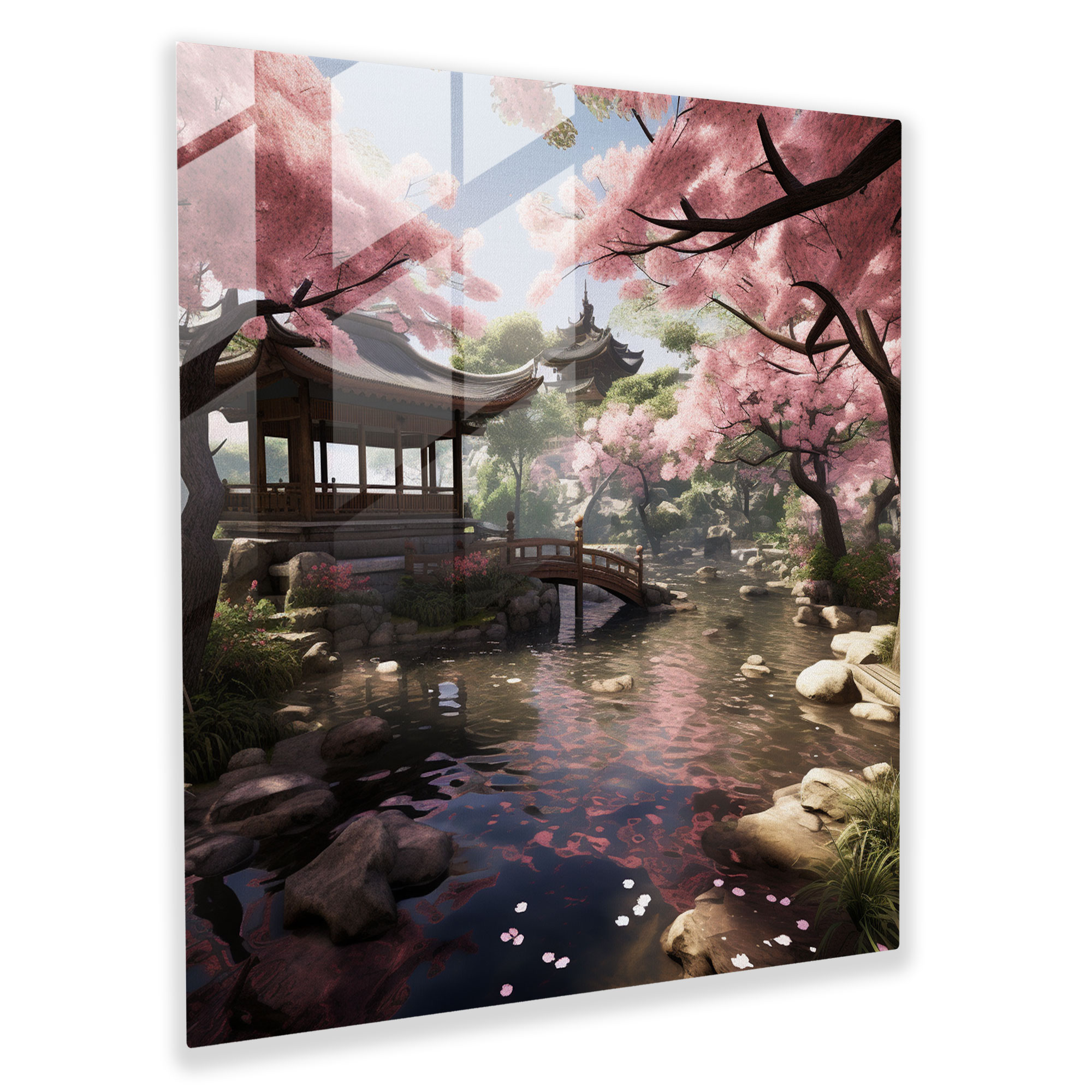 Linsenglasbild - Ruhe der japanischen Gärten - Modernes Kunstwerk mit Kirschblütenbäumen