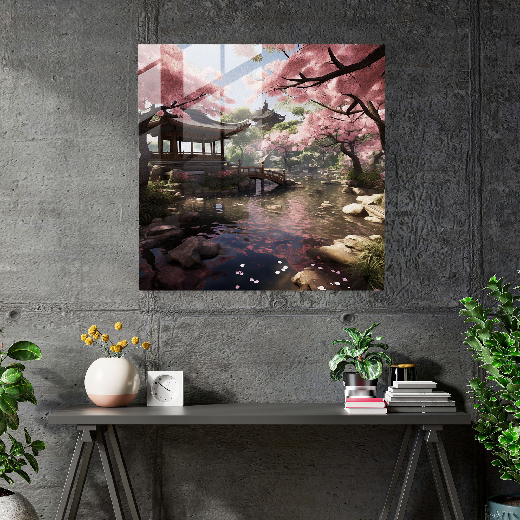 Linsenglasbild - Ruhe der japanischen Gärten - Modernes Kunstwerk mit Kirschblütenbäumen