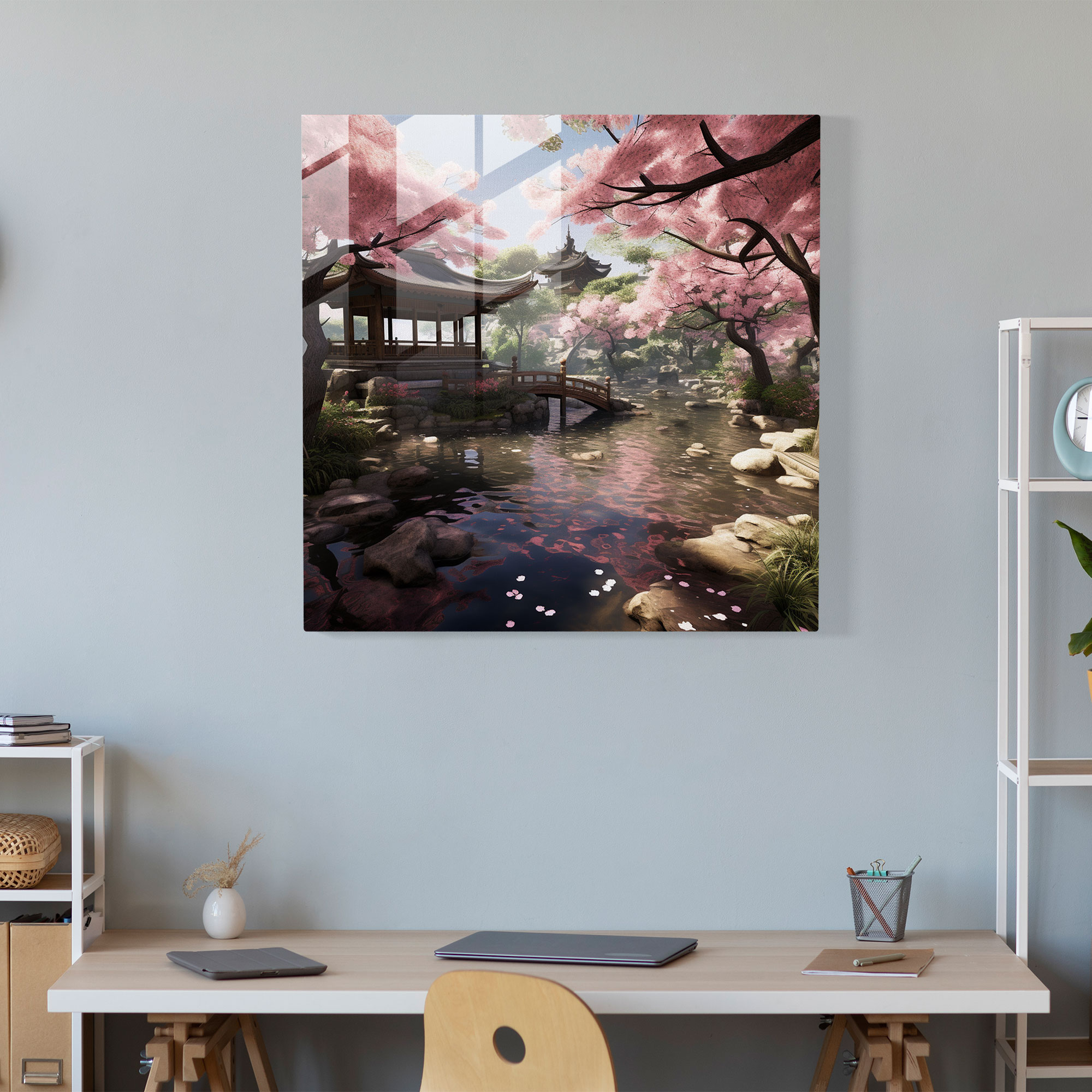 Linsenglasbild - Ruhe der japanischen Gärten - Modernes Kunstwerk mit Kirschblütenbäumen