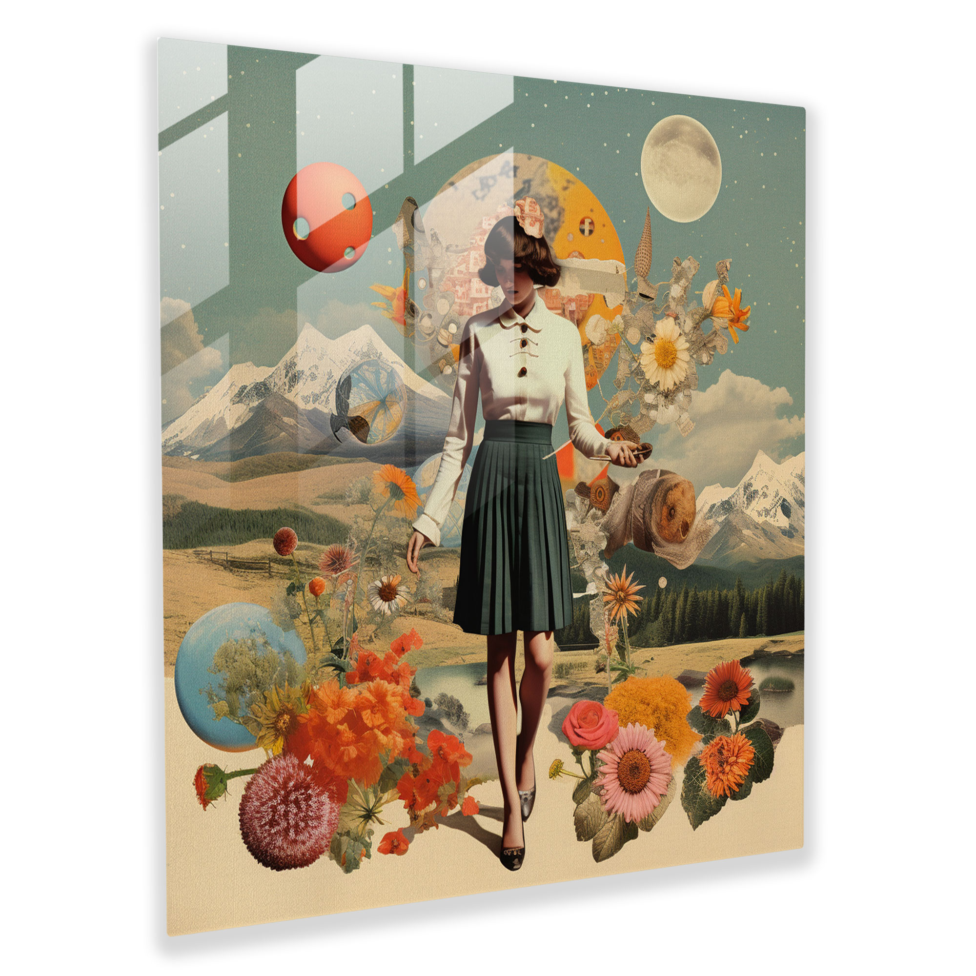 Glasbild mit Lentikulardruck - Zauberhaftes Collage-Glaswandkunstwerk - Collage-Kunstwerk mit Vintage-Elementen - Wanddekoration