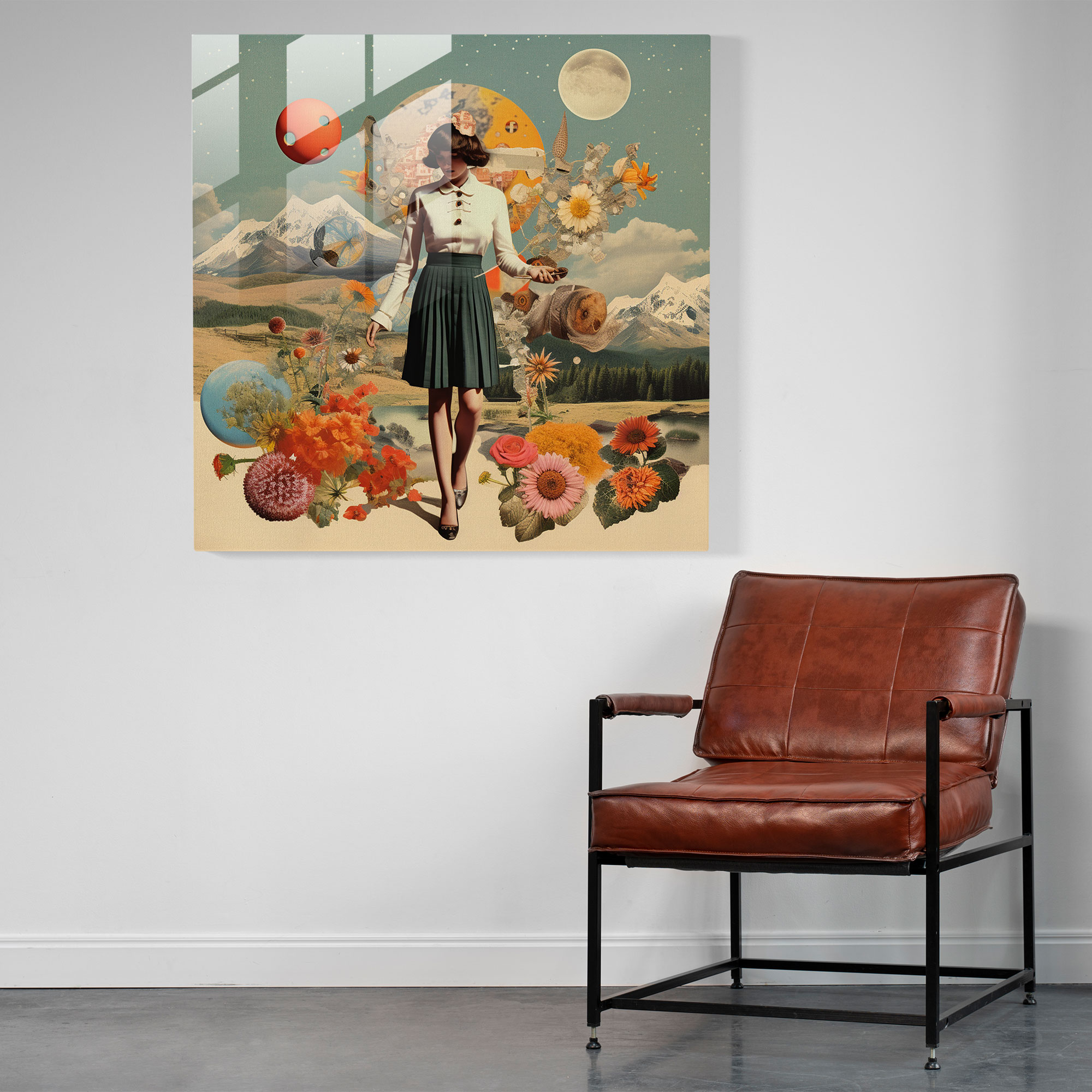Glasbild mit Lentikulardruck - Zauberhaftes Collage-Glaswandkunstwerk - Collage-Kunstwerk mit Vintage-Elementen - Wanddekoration
