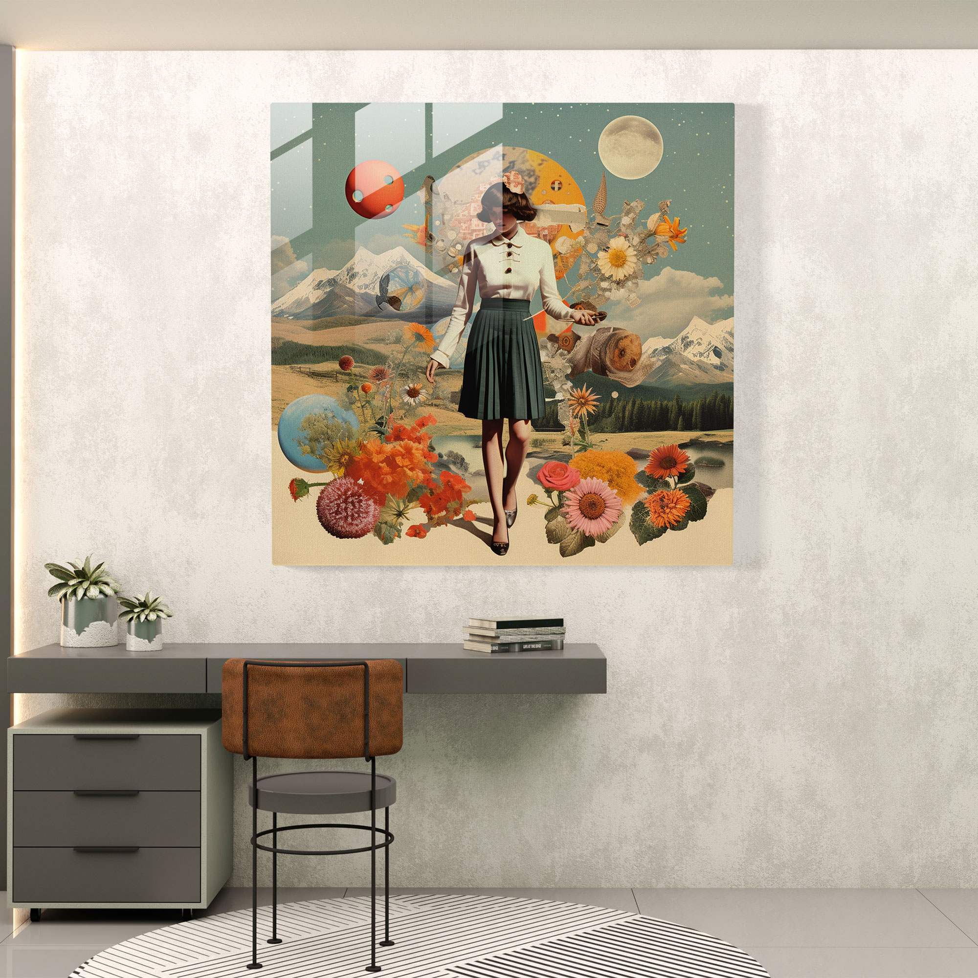 Glasbild mit Lentikulardruck - Zauberhaftes Collage-Glaswandkunstwerk - Collage-Kunstwerk mit Vintage-Elementen - Wanddekoration