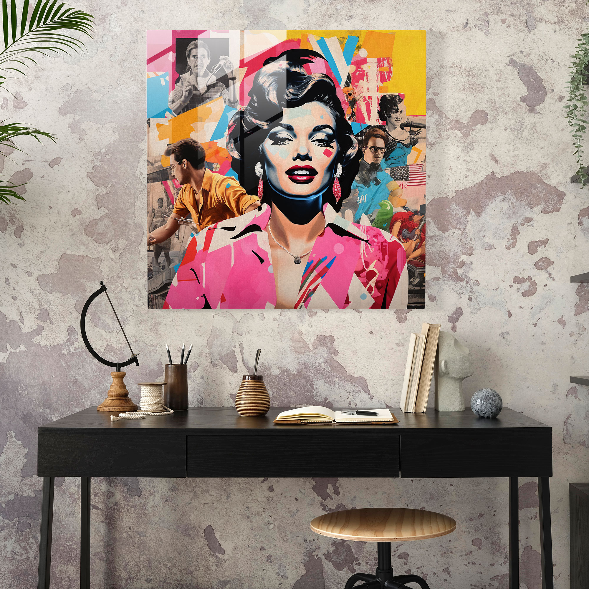 Linsenglasbild Pop Art Collage Moderne Kunst Glaswandkunst