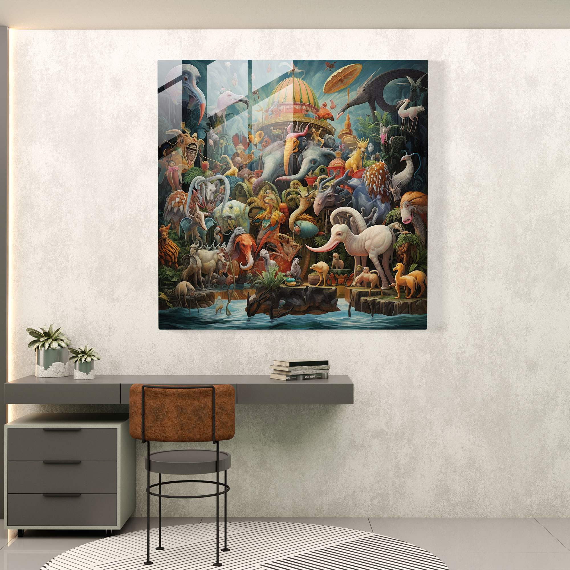 Lenticular Glass Wall Art - Whimsical Animal Kingdom - Lenticular, Modern Art, Colorful Parade, Home Decoration
