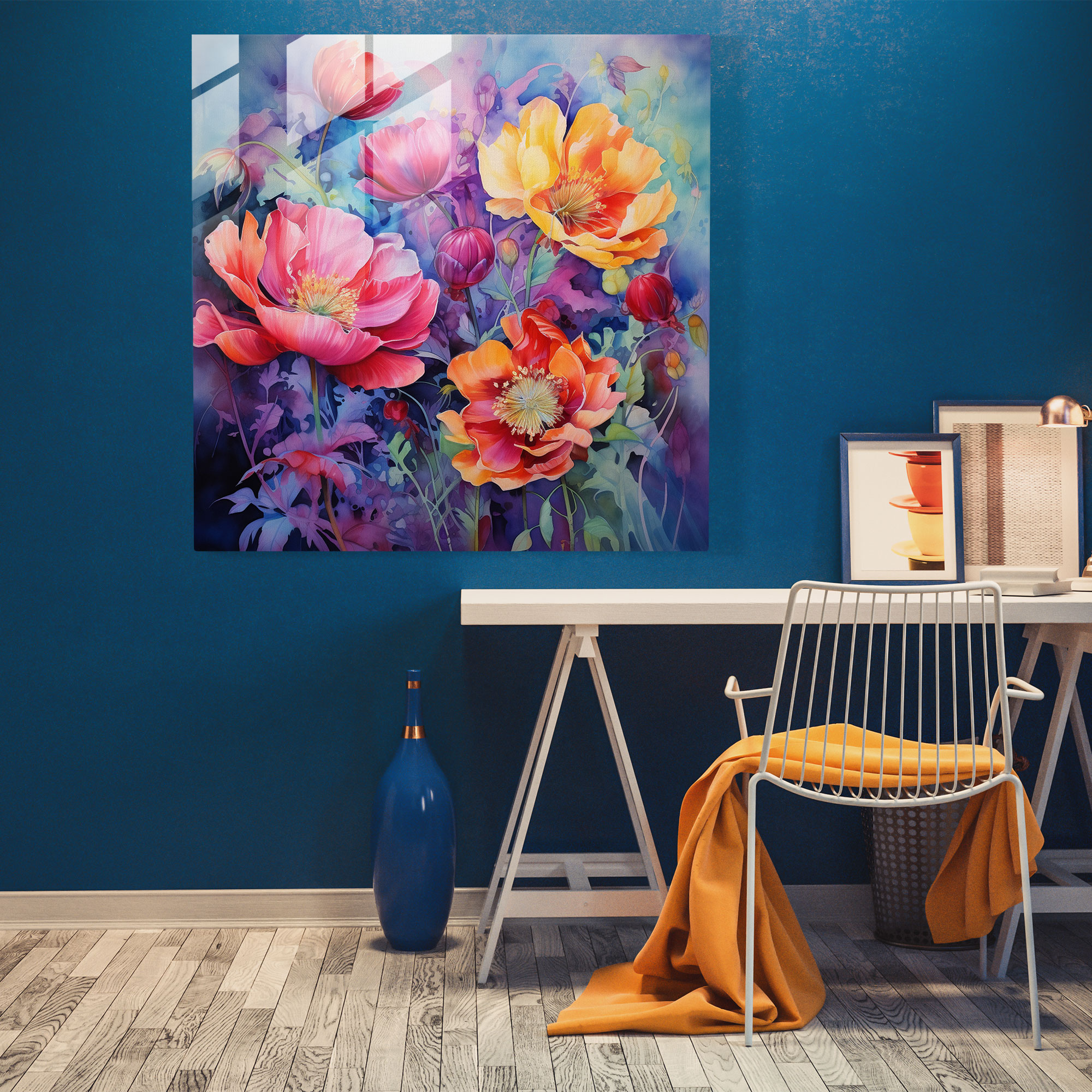 Lenticular Glass Art - Watercolor Flower Blooms - Lenticular, Watercolor Painting, Glass Wall Art, Changing Colors