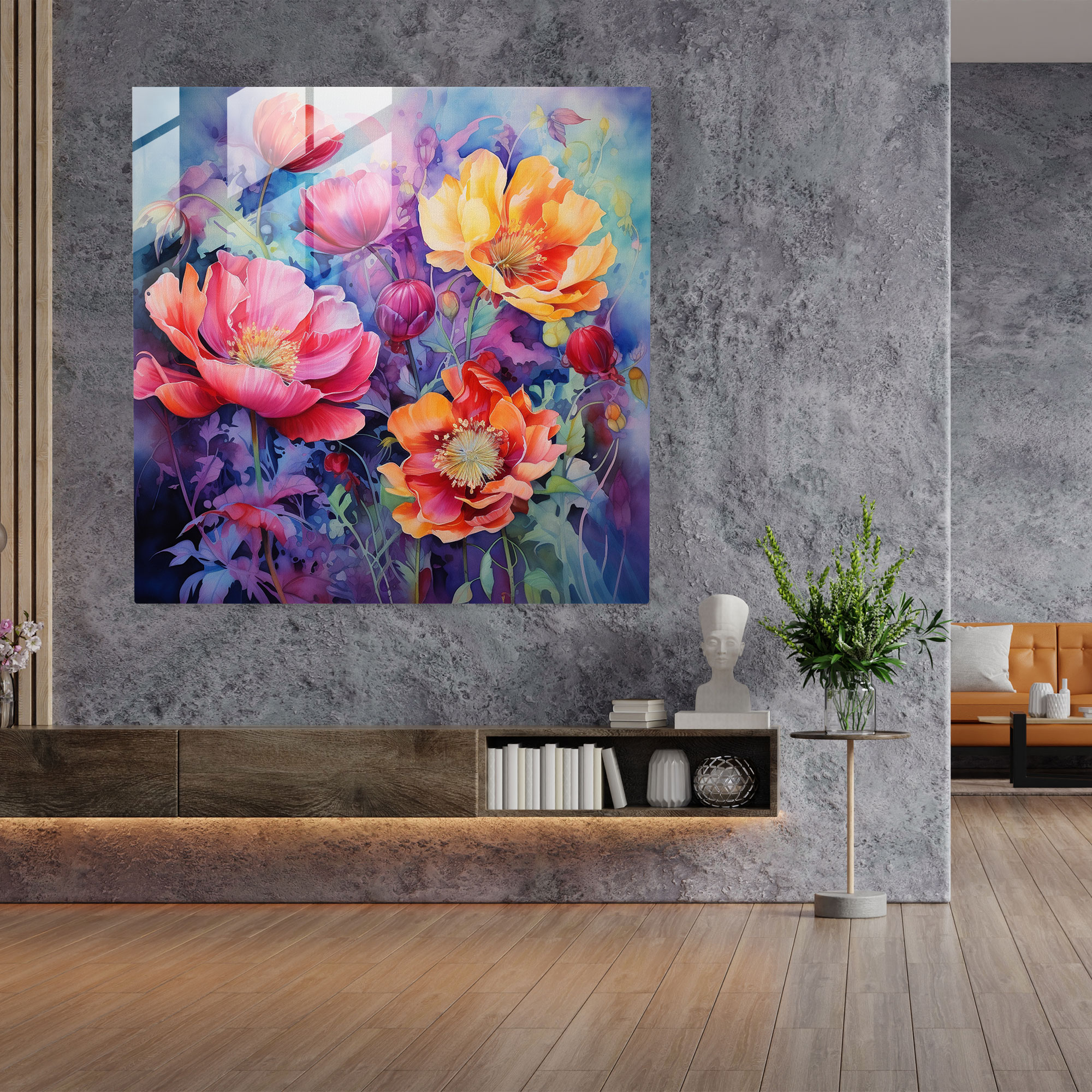 Lenticular Glass Art - Watercolor Flower Blooms - Lenticular, Watercolor Painting, Glass Wall Art, Changing Colors