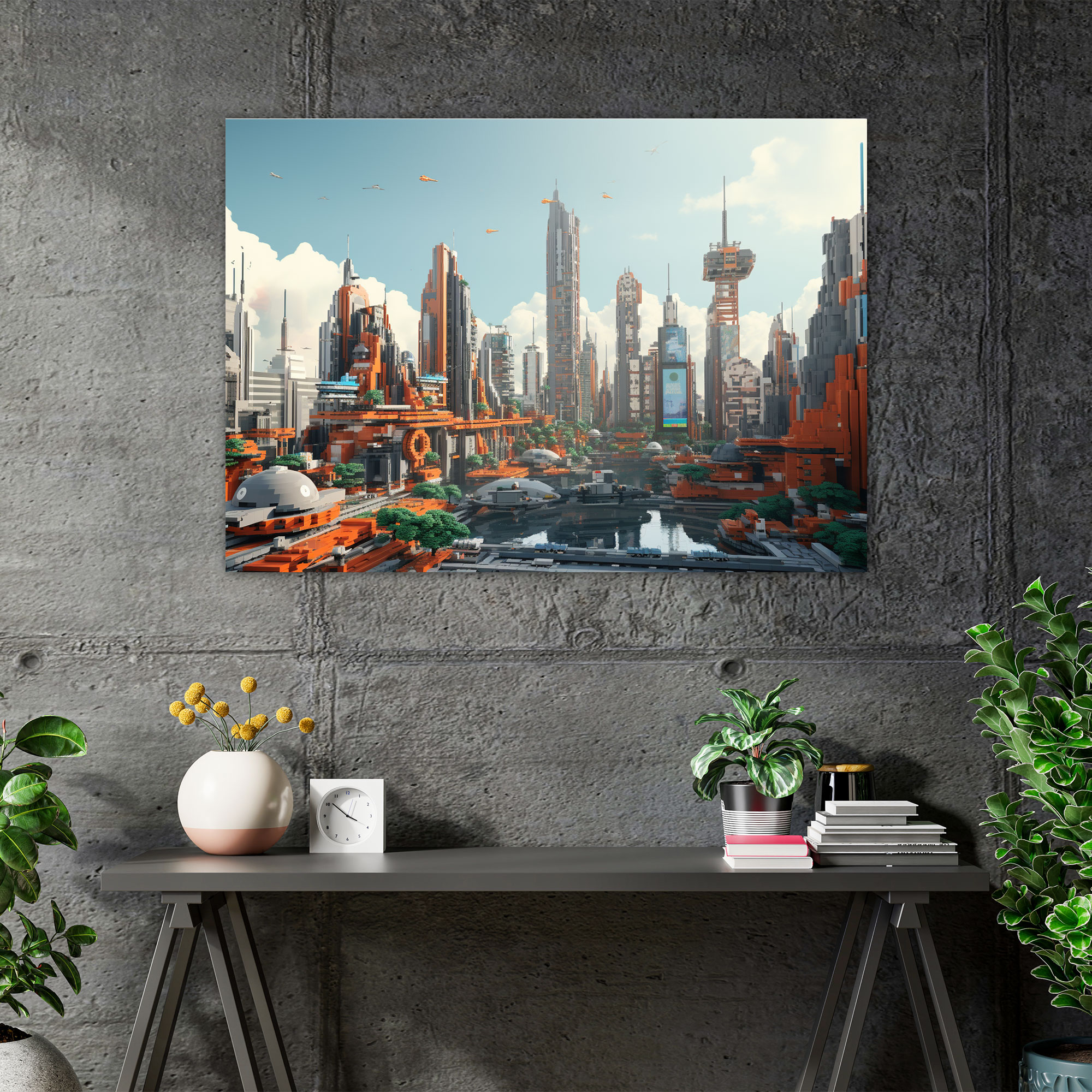 Lego Glasbild - Futuristische Stadtsilhouette - 3D Rendering Wanddekoration
