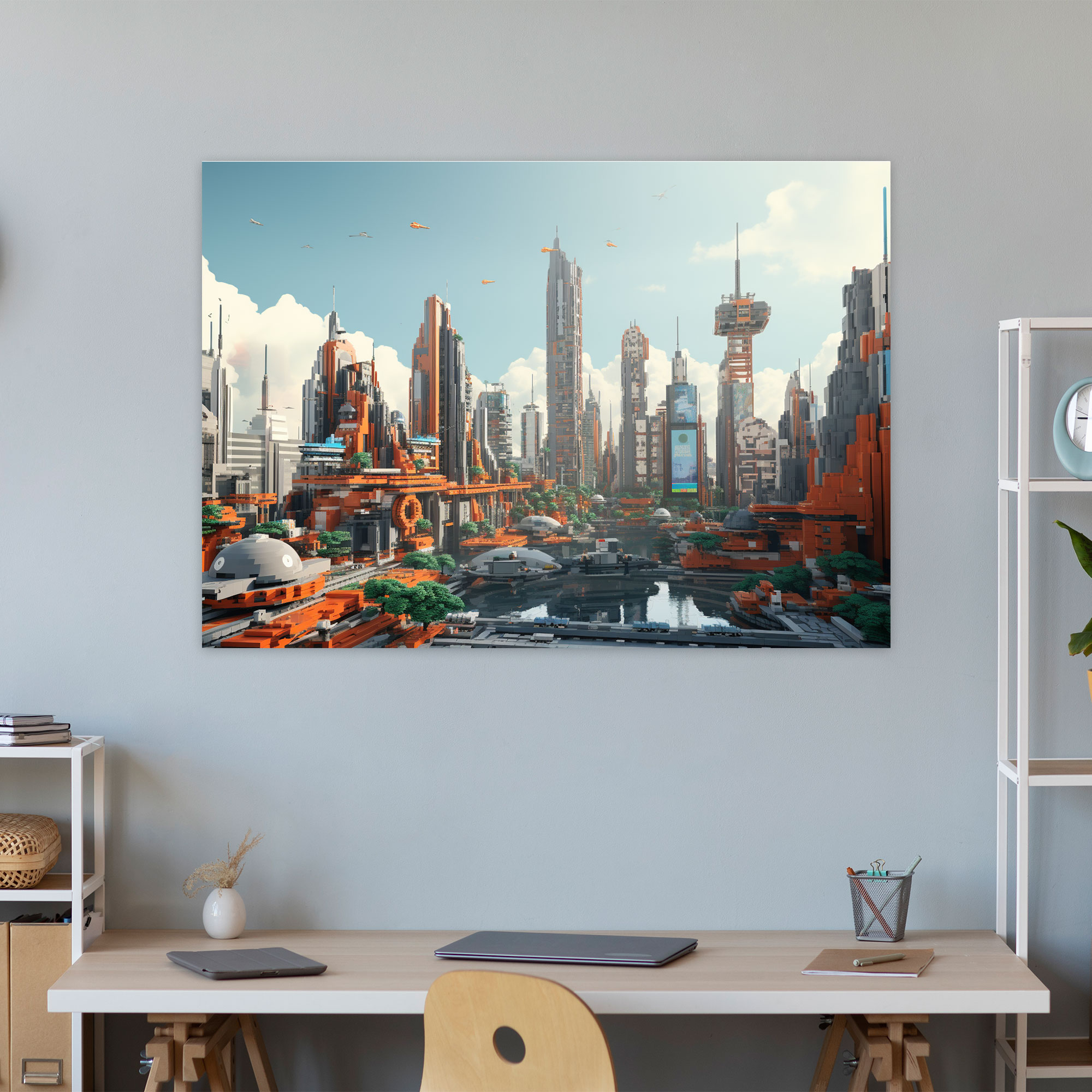 Lego Glasbild - Futuristische Stadtsilhouette - 3D Rendering Wanddekoration