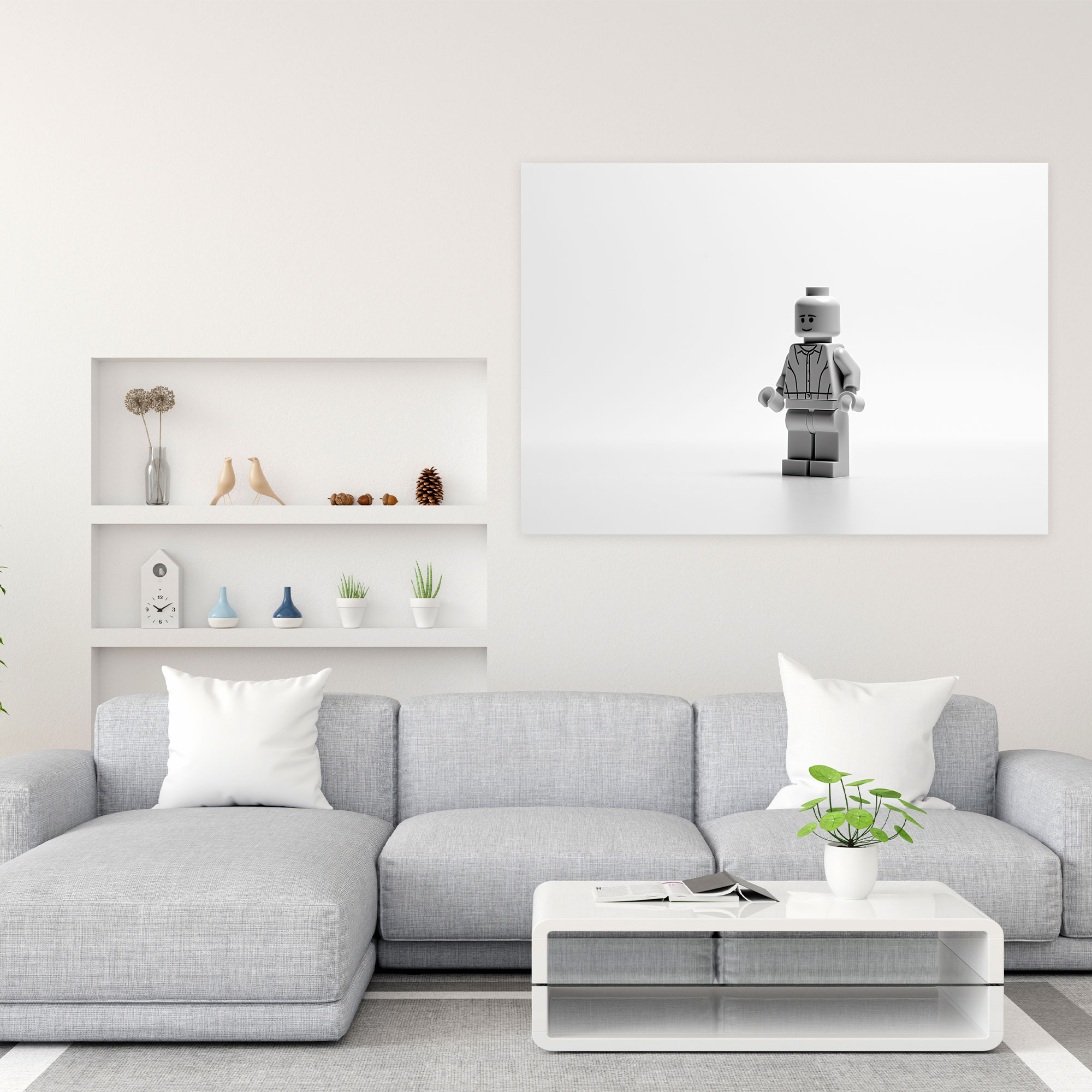 Lego Glass Wall Art - Minimalistic Black And White Drawing - Lego, Wall Decoration, Lego Figure, Glass Wall Art