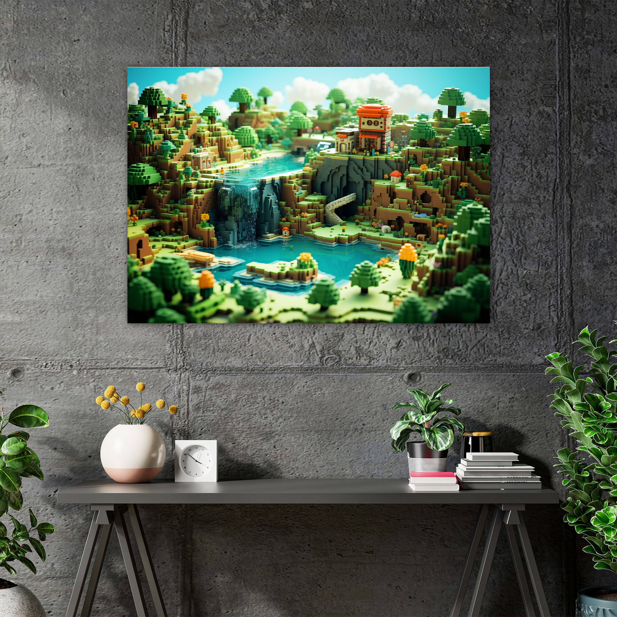 Lego Glass Print - Retro Pixel Art - Lego, Lego Landscape, Modern Art, Wall Decoration