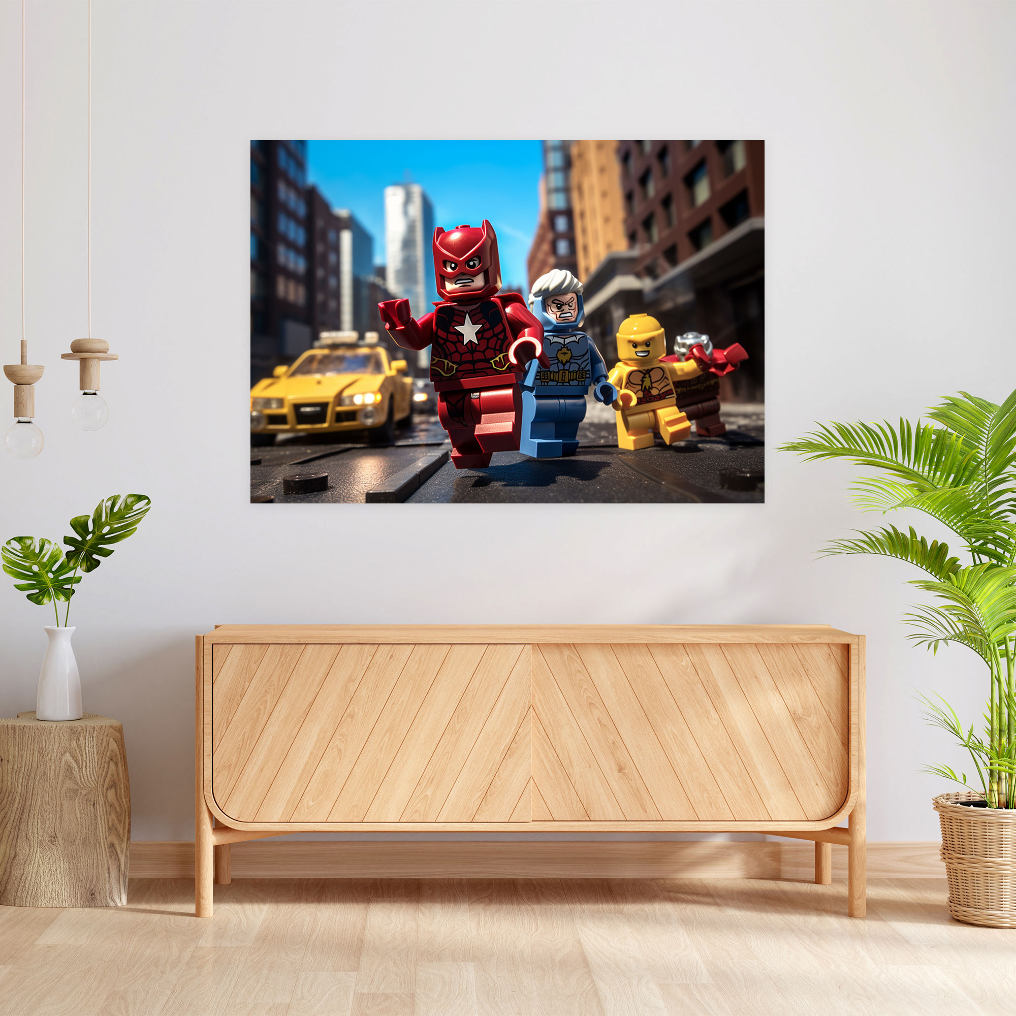 Lego Superhero Glass Wall Art - Lego, Dynamic Action Poses, Glass Art, Heroism