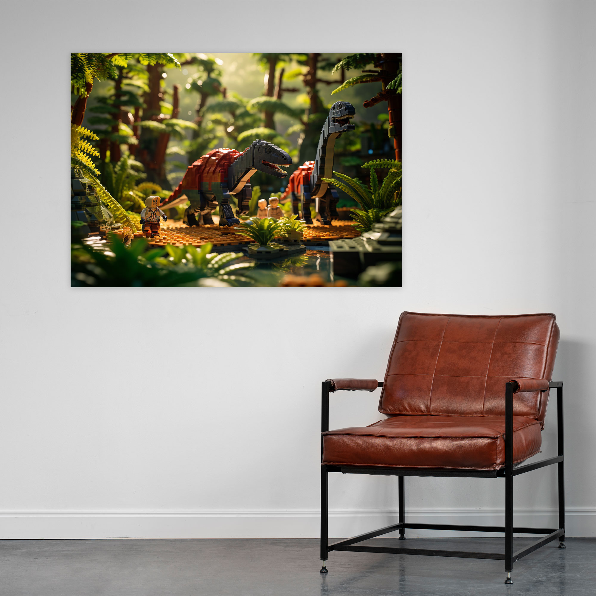 Lego Dinosaurier Glasbild - Lego Wohn-Deko prähistorische Landschaft Glas-Kunst