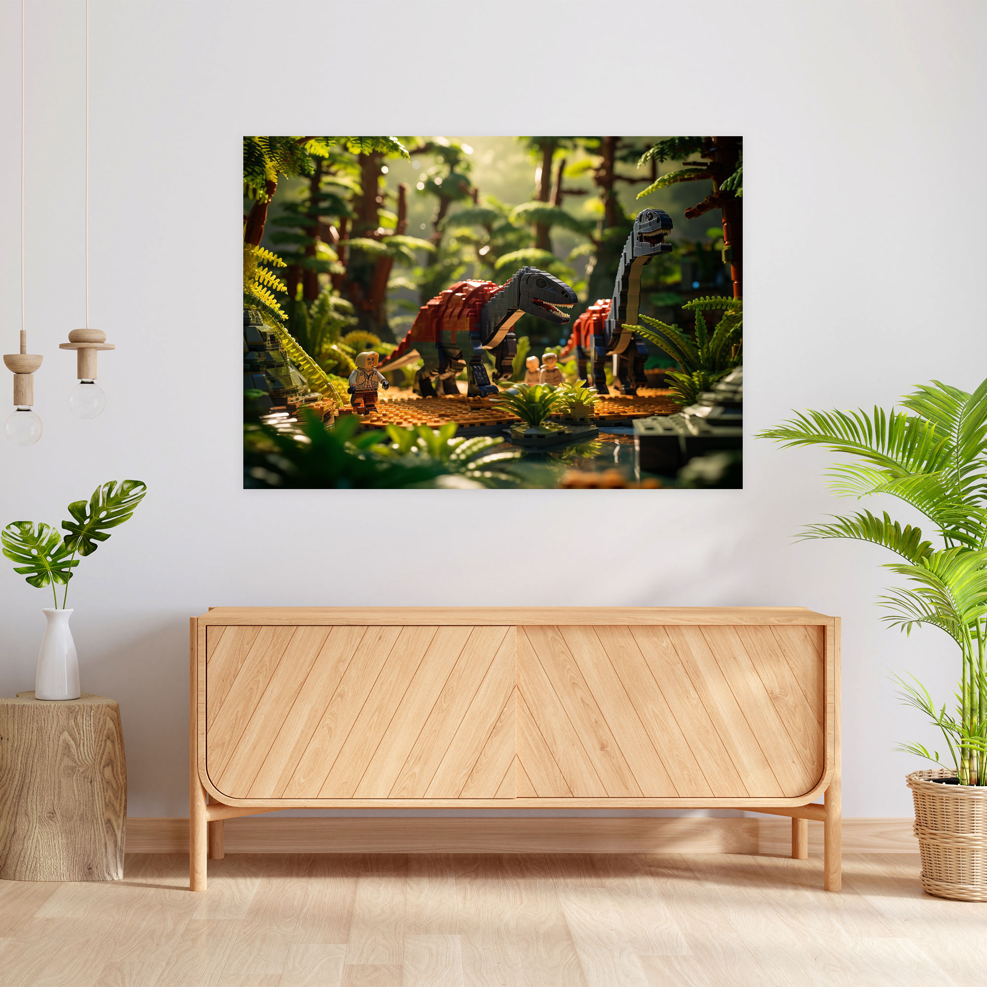 Lego Dinosaurier Glasbild - Lego Wohn-Deko prähistorische Landschaft Glas-Kunst