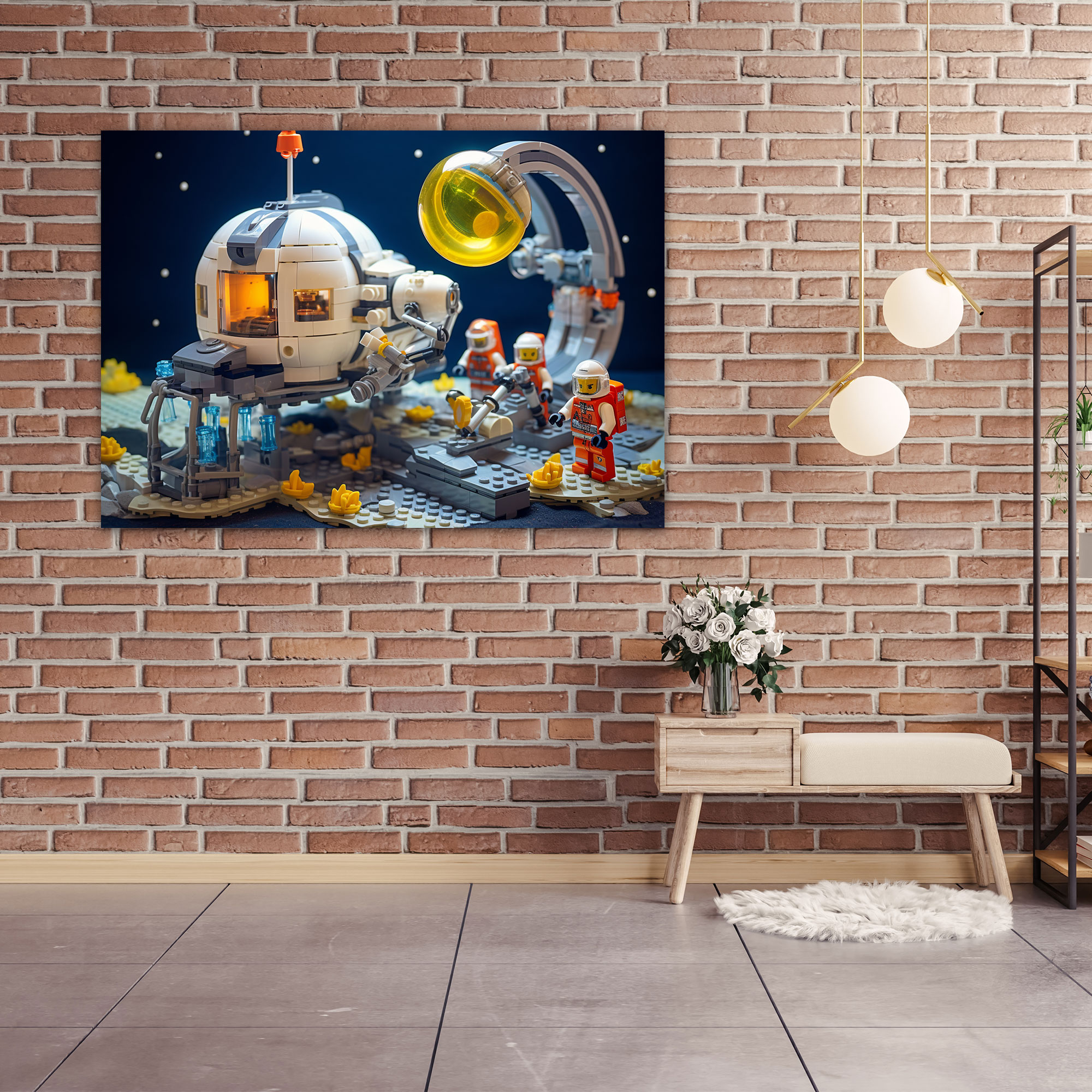 Lego Weltraum-Erkundung Glasbild - Lego futuristische Raumfahrzeuge ferne Galaxien Astronauten