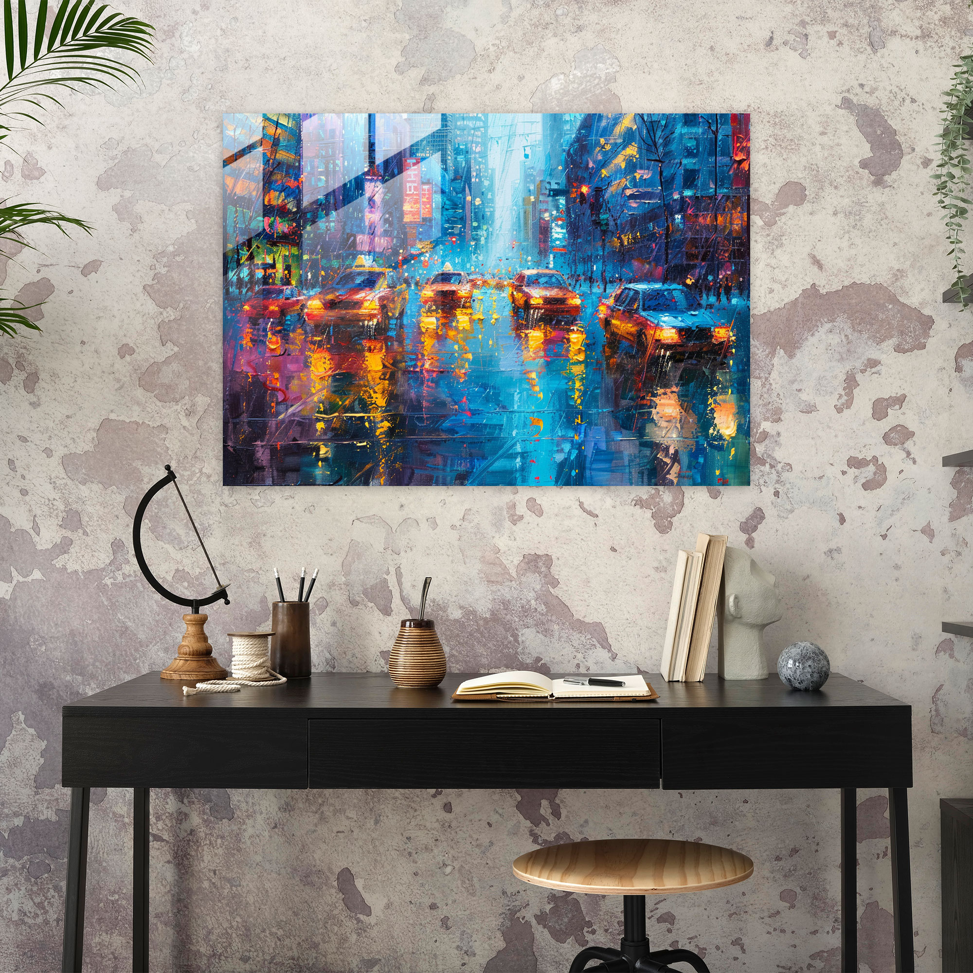 Leonid Afremov Glass Print - Rainy Cityscape Glass Wall Art - Leonid Afremov, Home Decoration, Glass Print, Wall Decoration