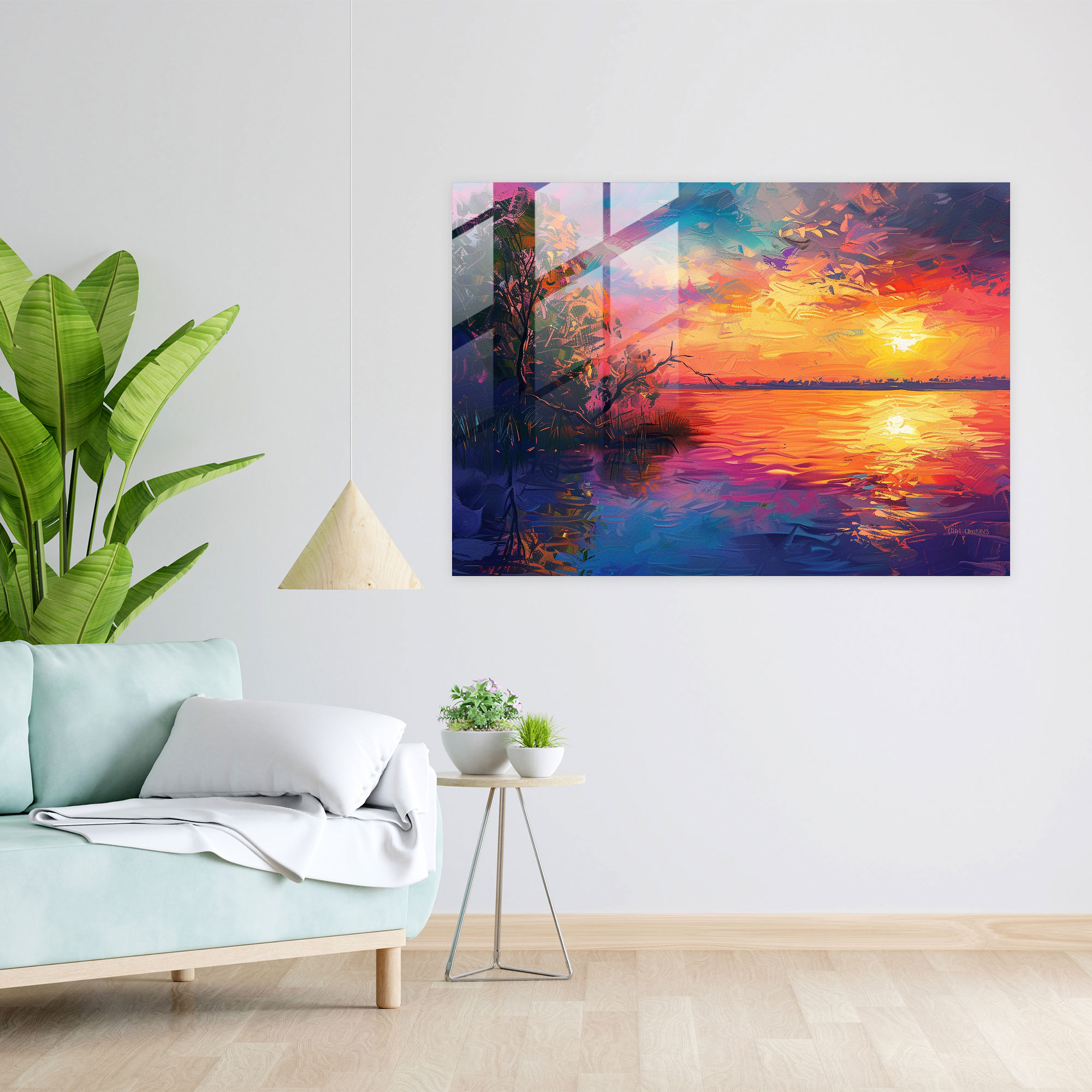 Leonid Afremov Glass Print - Lakeside Sunset Glass Wall Art - Leonid Afremov, Leonid Afremov, Modern Art, Glass Print