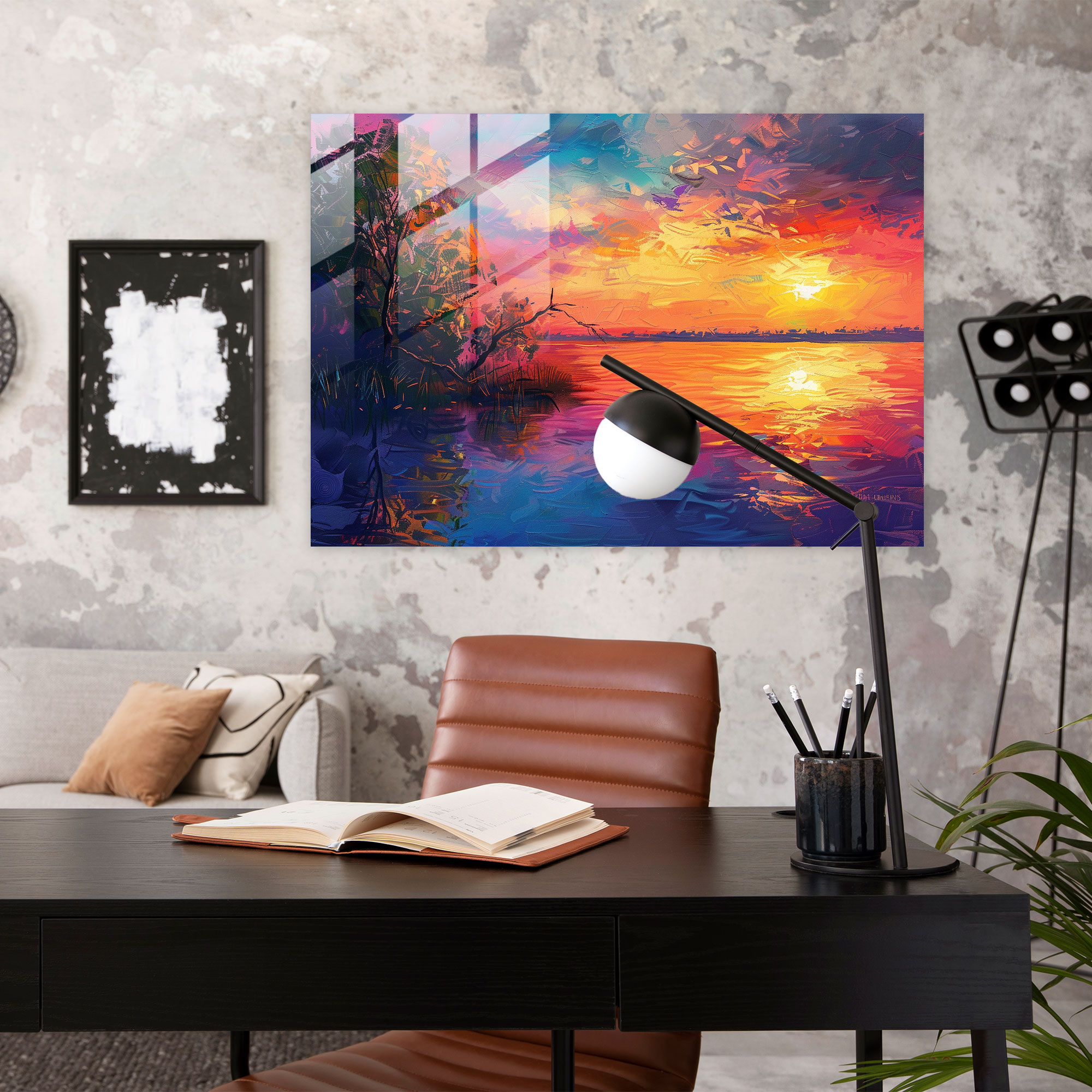 Leonid Afremov Glass Print - Lakeside Sunset Glass Wall Art - Leonid Afremov, Leonid Afremov, Modern Art, Glass Print