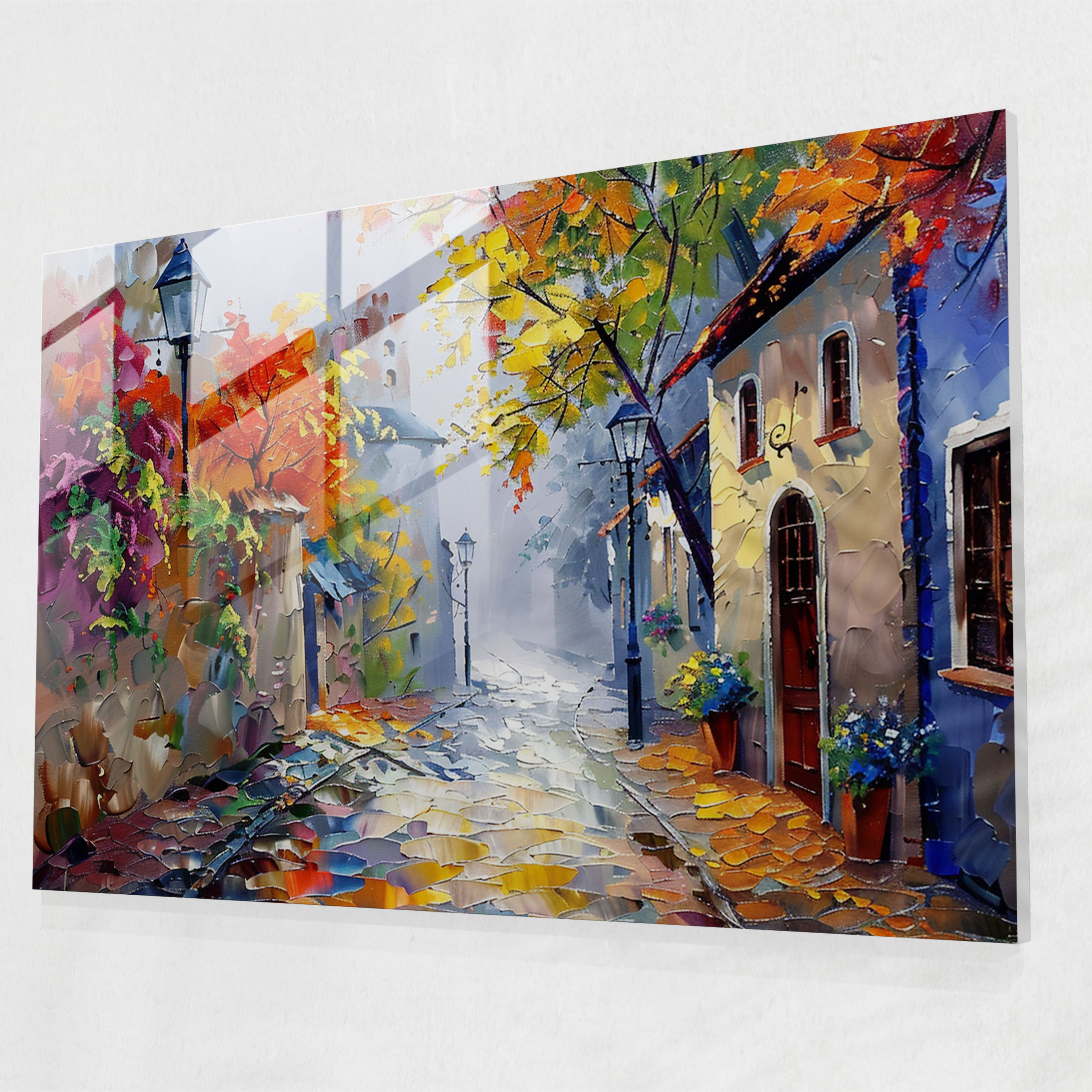 Leonid Afremov Glass Print - Village Street Glass Wall Art - Leonid Afremov, Wall Decoration, Leonid Afremov, Home Decoration